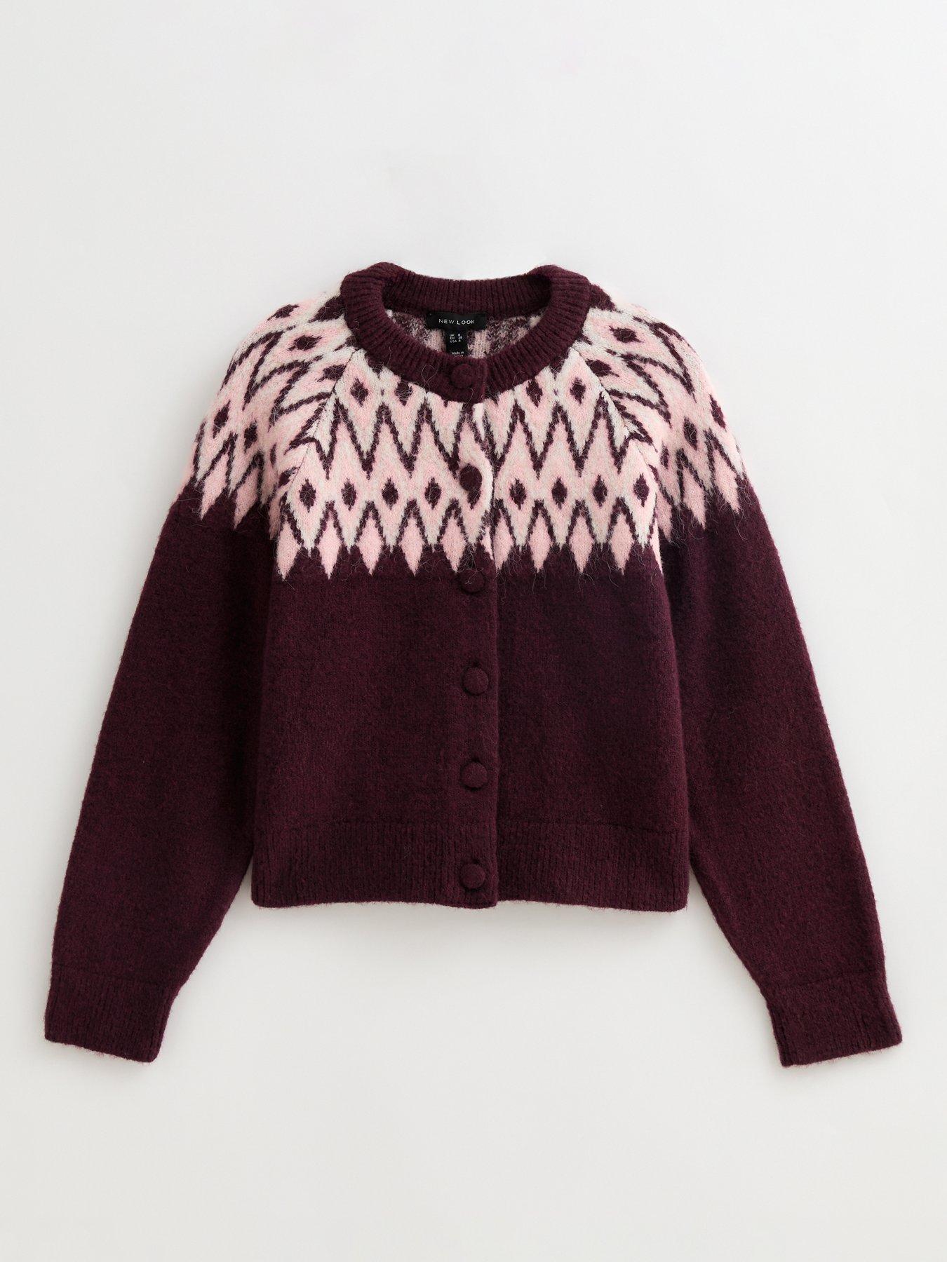 Image 5 of 6 of New Look Fairisle Crew Neck Cardigan - Red
