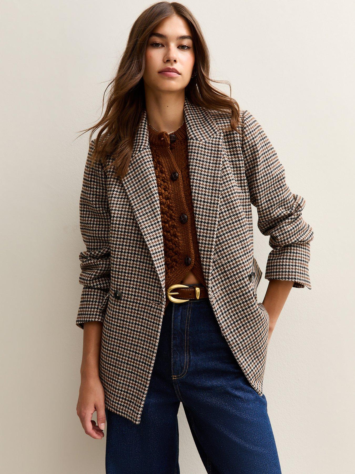New Look Brushed Texture Checked Blazer - Brown