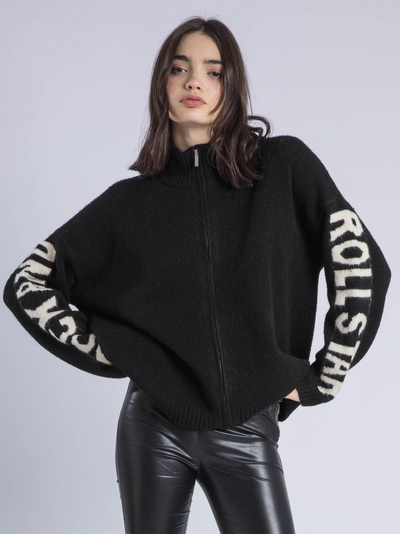 religion-phoebe-zip-through-slogan-sleeve-cardigan-black