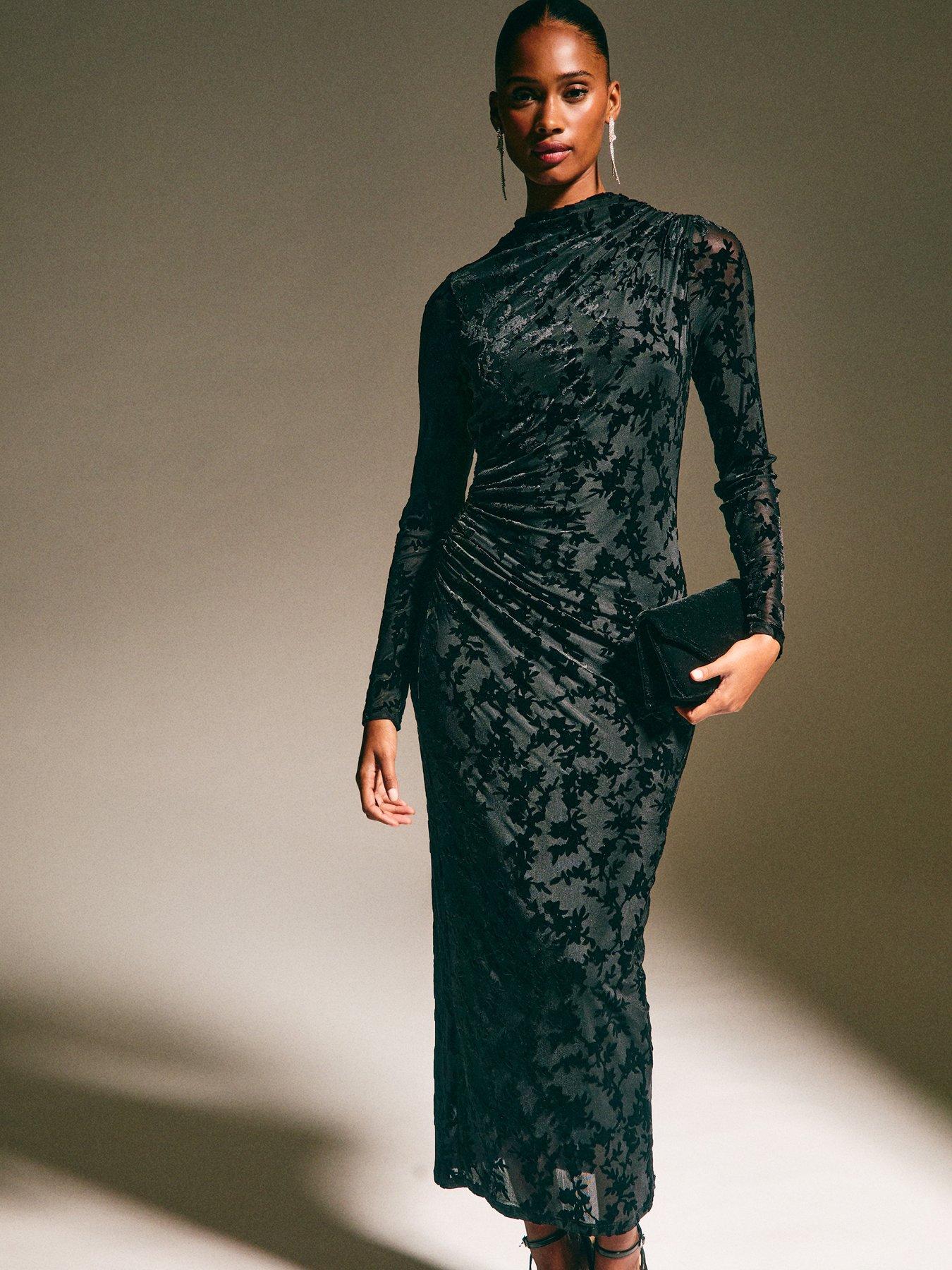 New Look Black Velvet Floral Devore Long Sleeve Midi Dress | Very Ireland