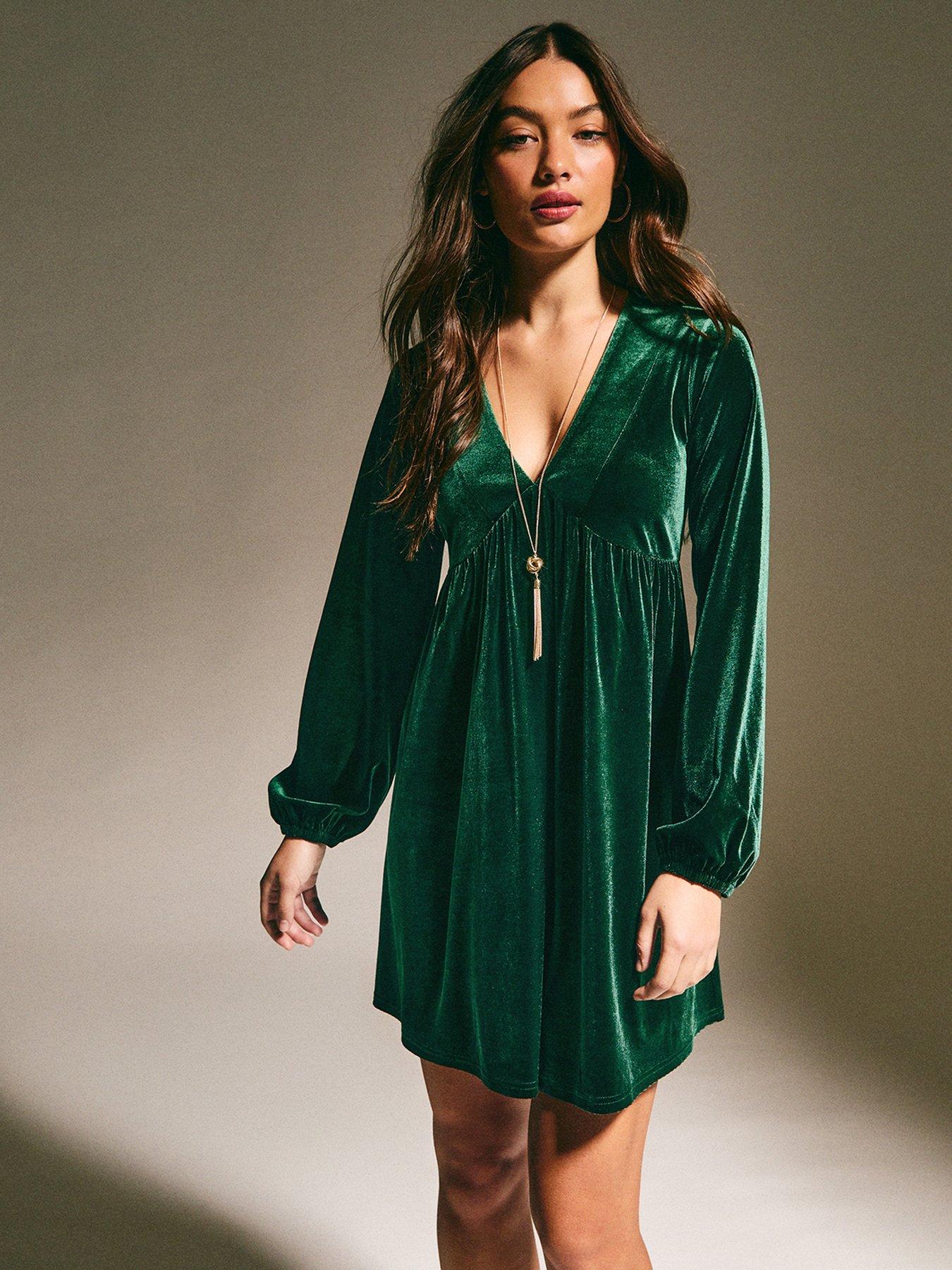 New Look Dark Green Velvet Smock Mini Dress | Very Ireland