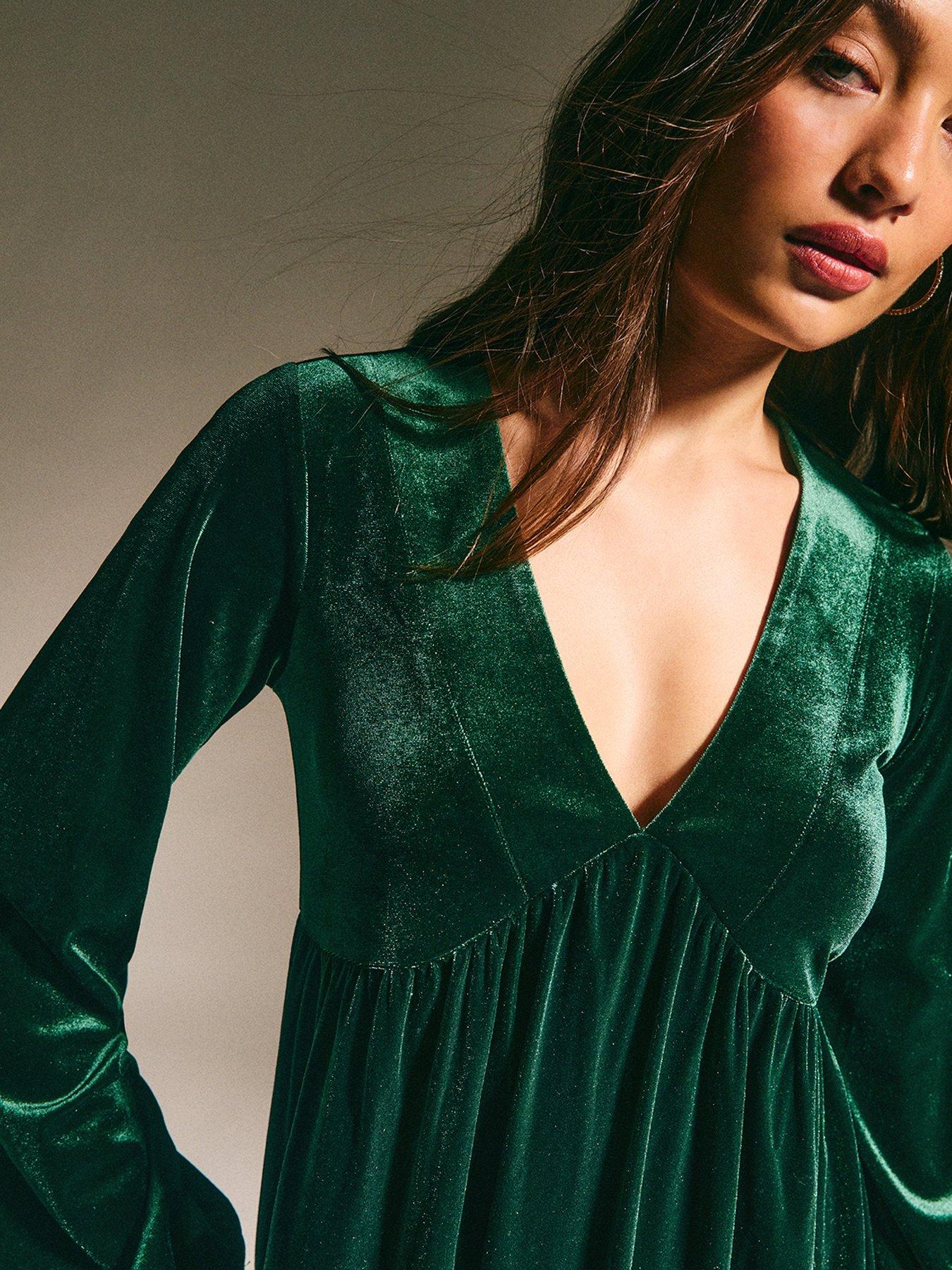 New Look Dark Green Velvet Smock Mini Dress | Very Ireland