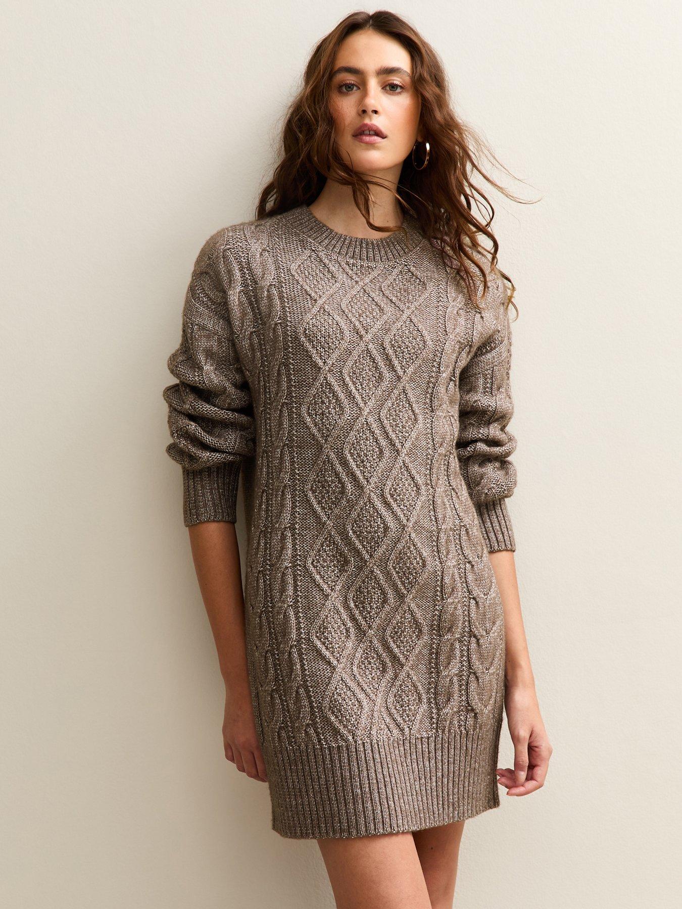 Image 1 of 6 of New Look Mink Cable Knit Crew Mini Dress