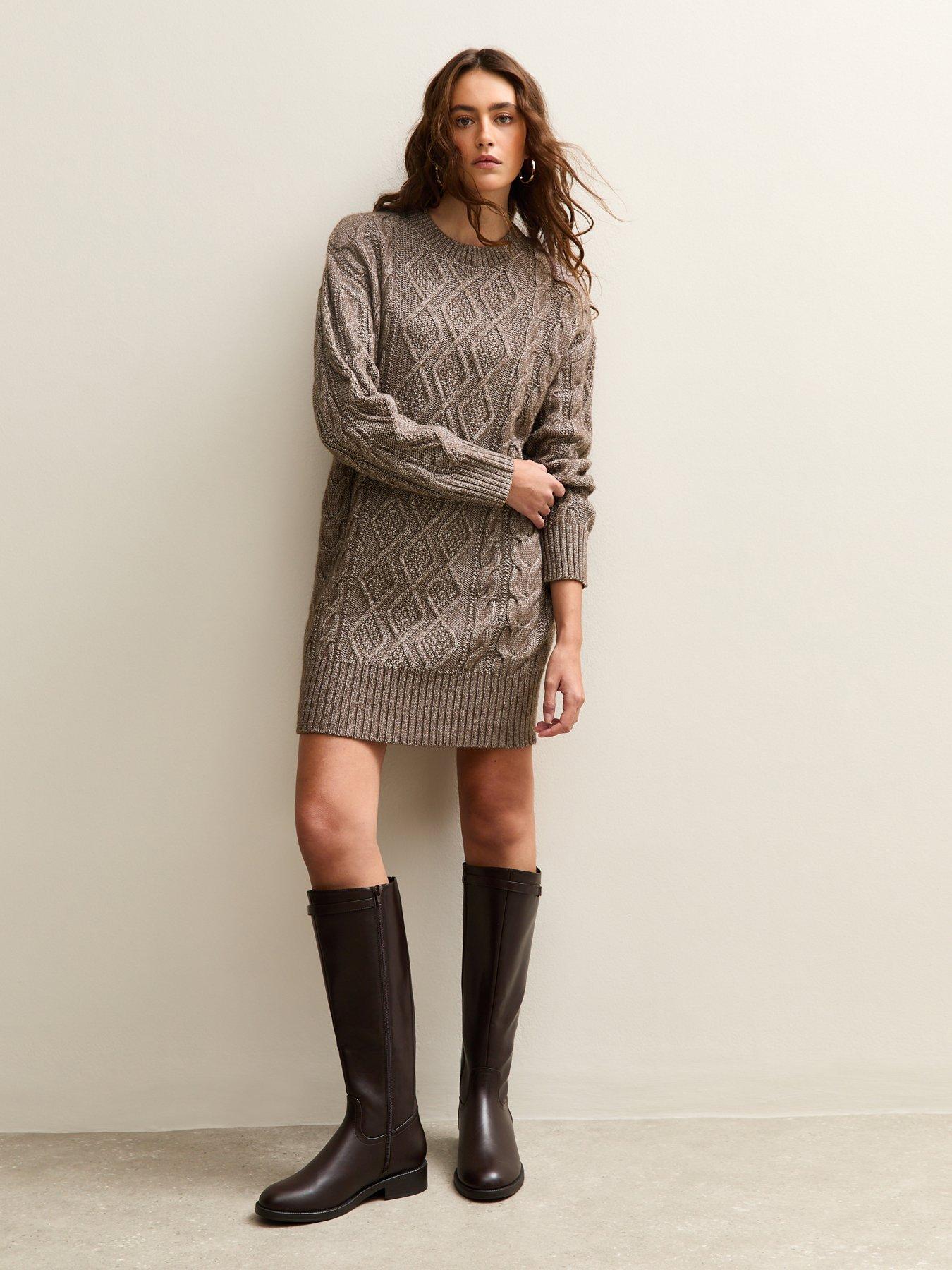 Image 3 of 6 of New Look Mink Cable Knit Crew Mini Dress
