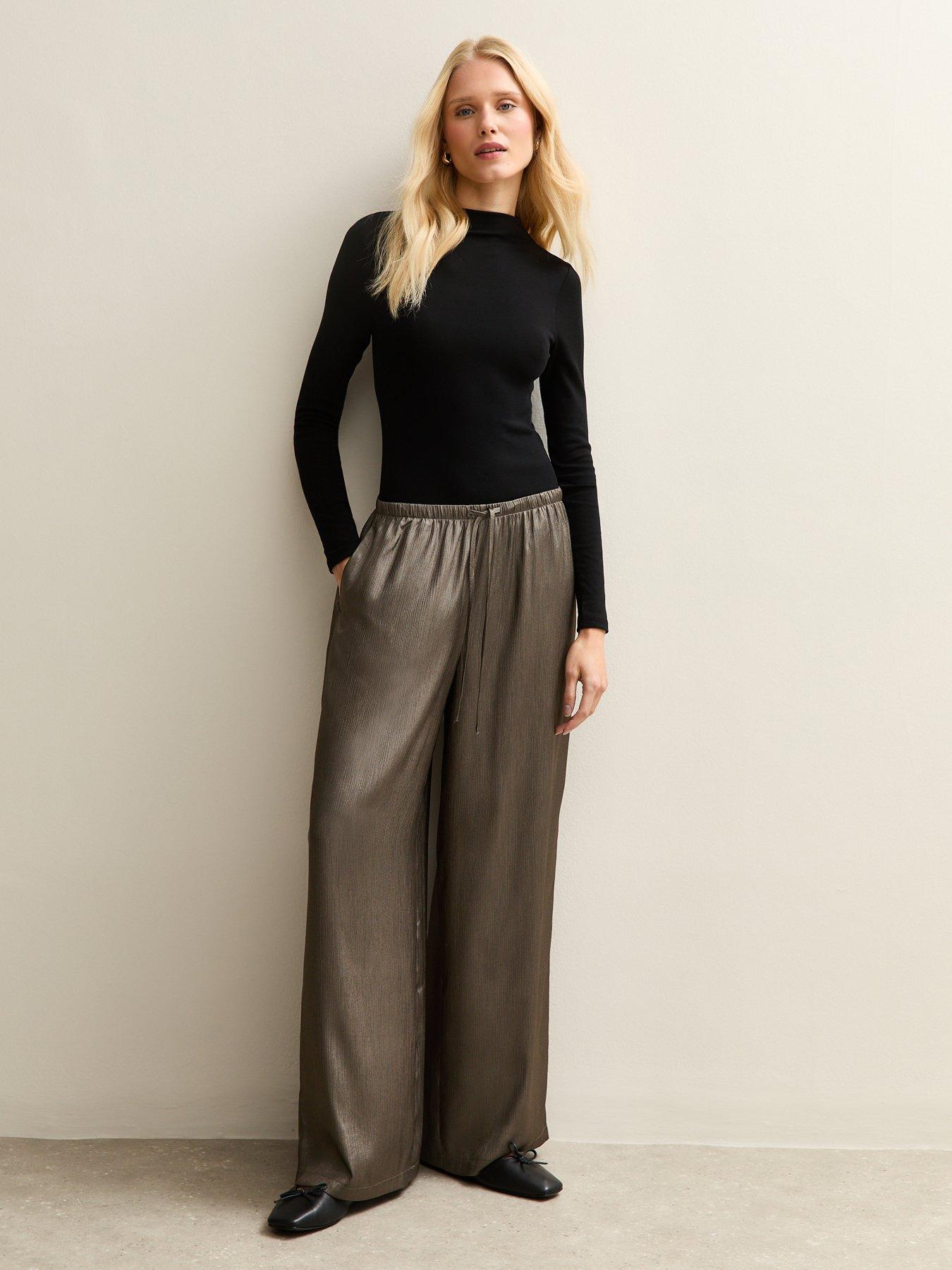 Image 1 of 4 of New Look Silver Shimmer Textured Wide Leg Trousers