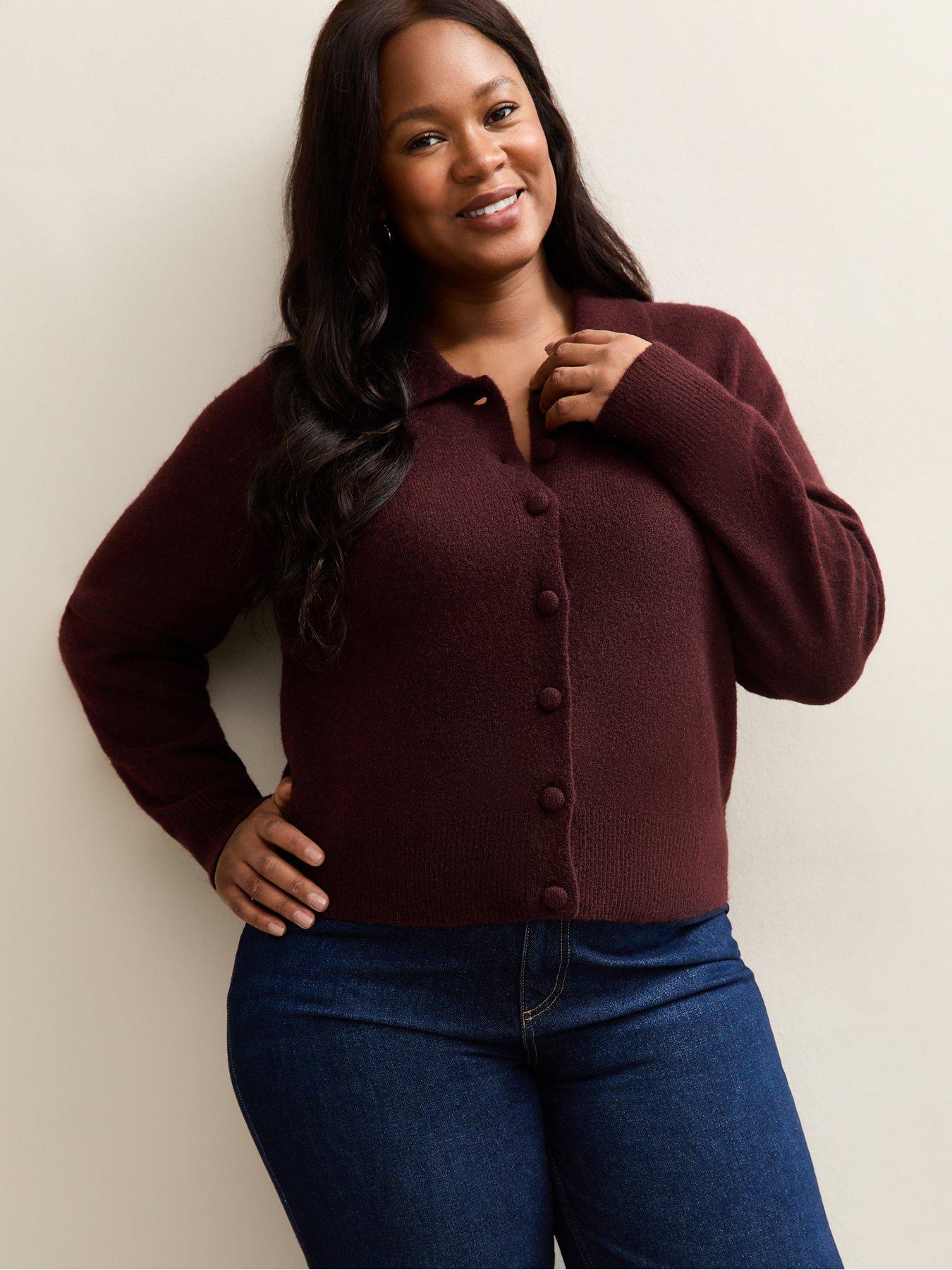 New Look Curves Dark Burgundy Knit Collared Cardigan