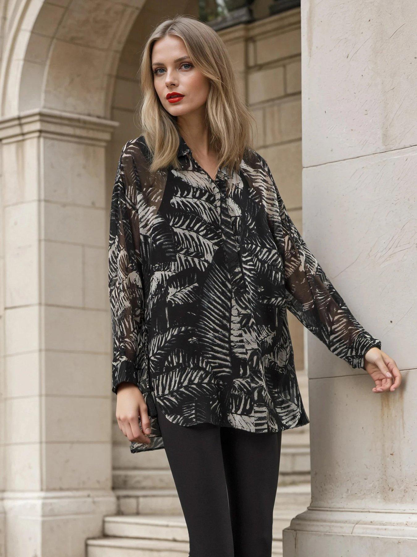 religion-zoe-oversized-floral-monochrome-long-line-shirt-blackfront