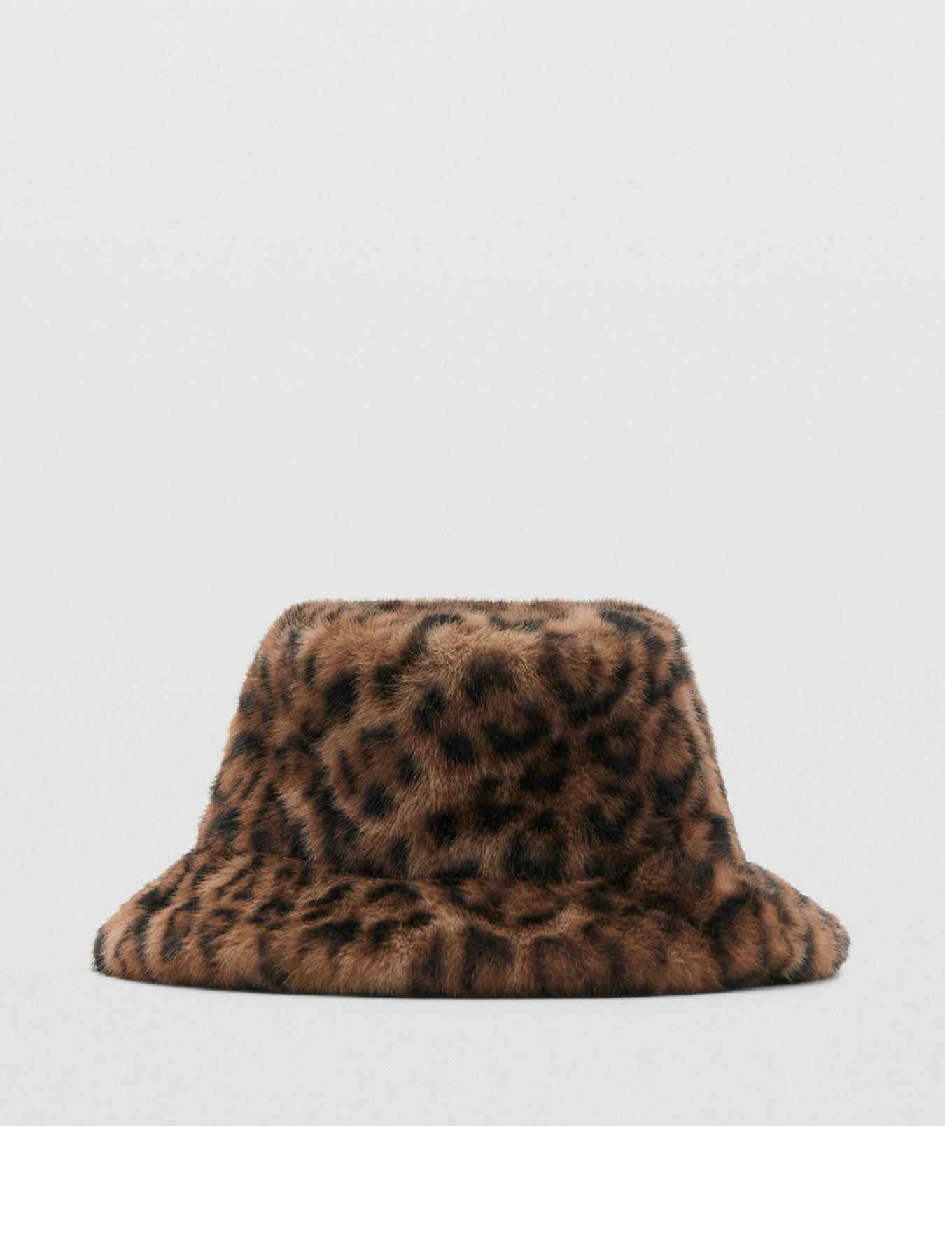 Image 1 of 3 of Mango Leopard Print Fur Effect Bucket Hat - Brown