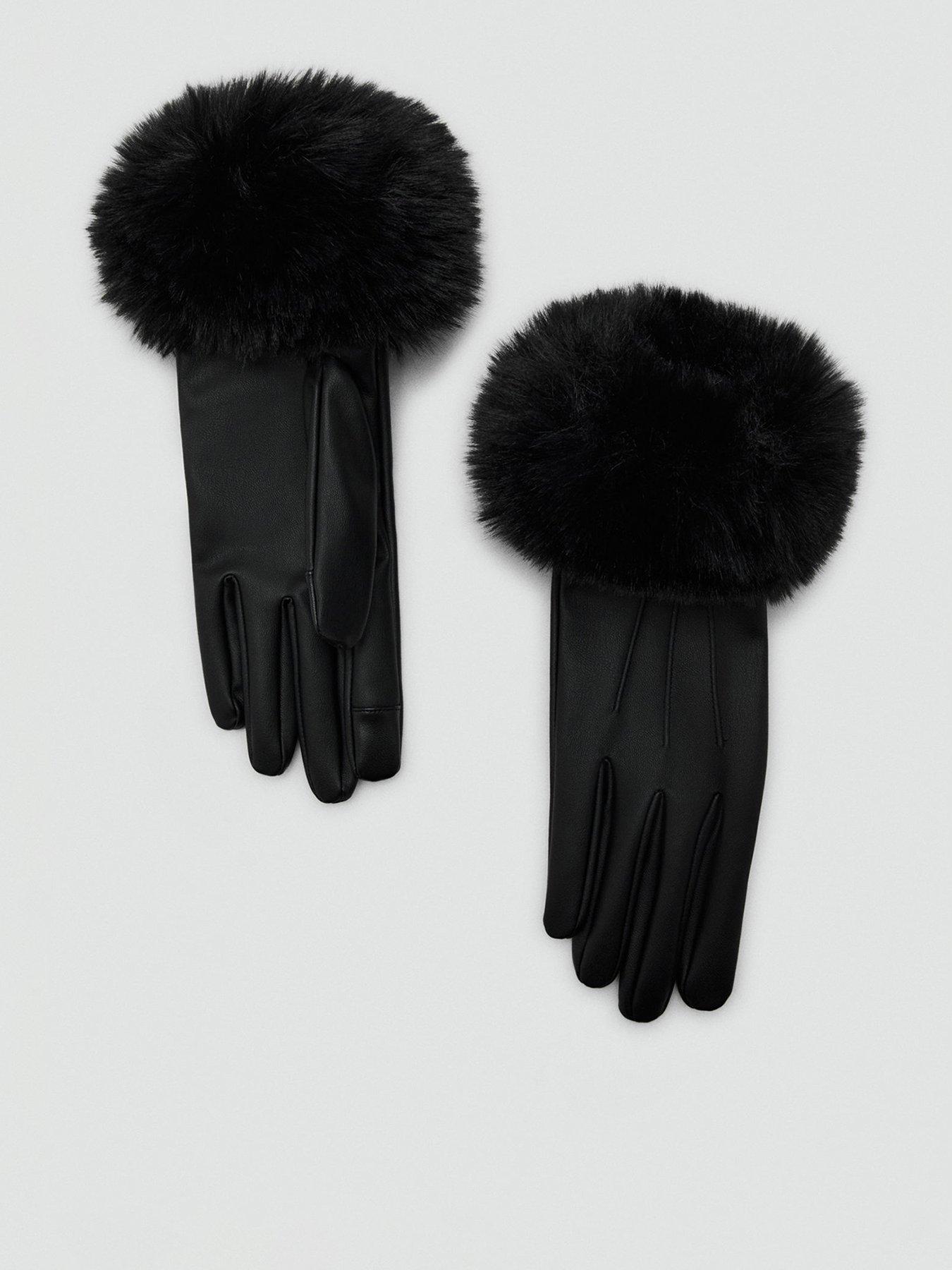 Mango Faux Fur Cuff Gloves - Black