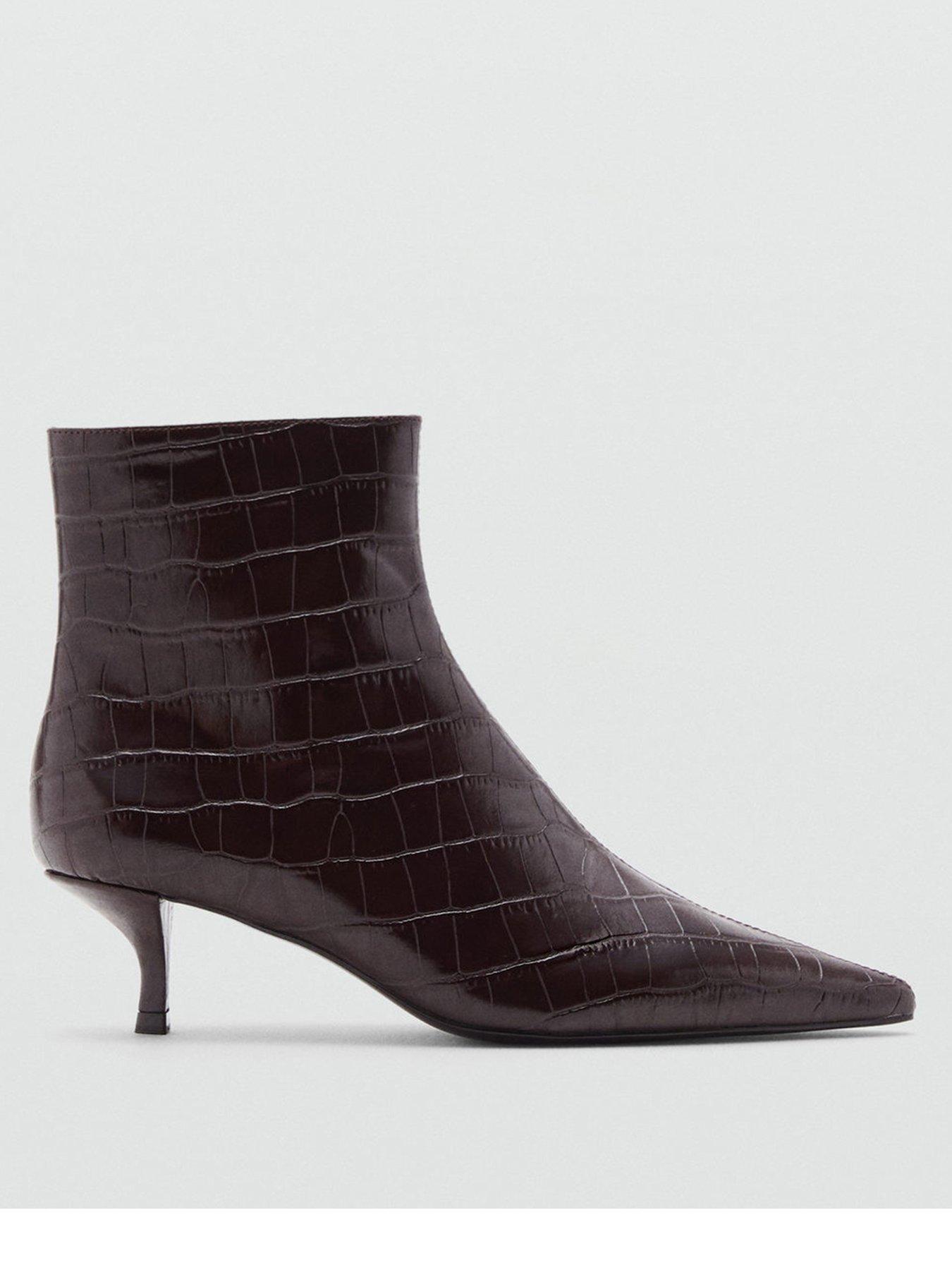 Image 1 of 6 of Mango Croc Effect Pointed Toe Ankle Boot - Brown