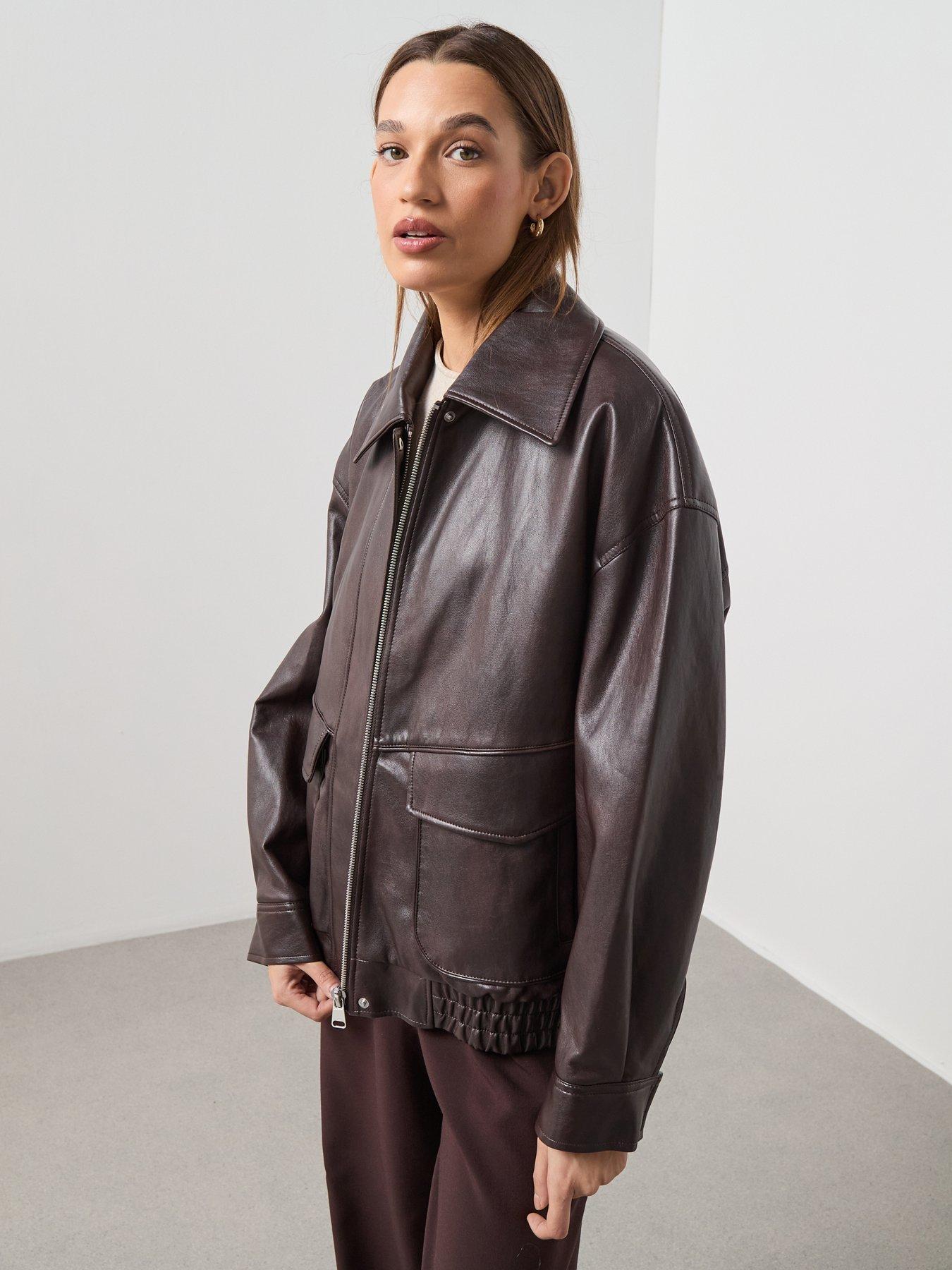 mango-oversized-leather-effect-jacket-brownfront
