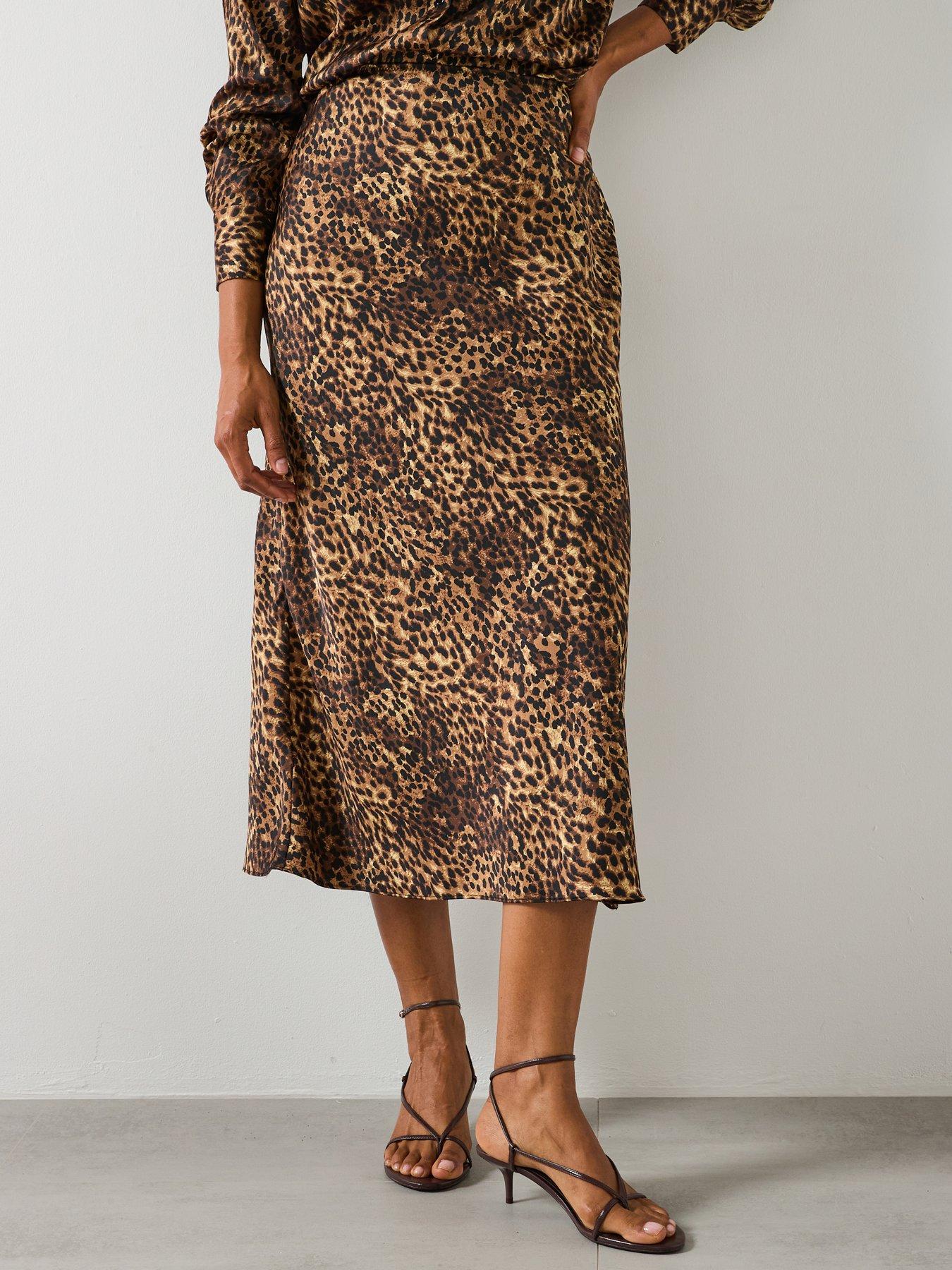 Mango Leopard Print Satin Midi Skirt - Brown