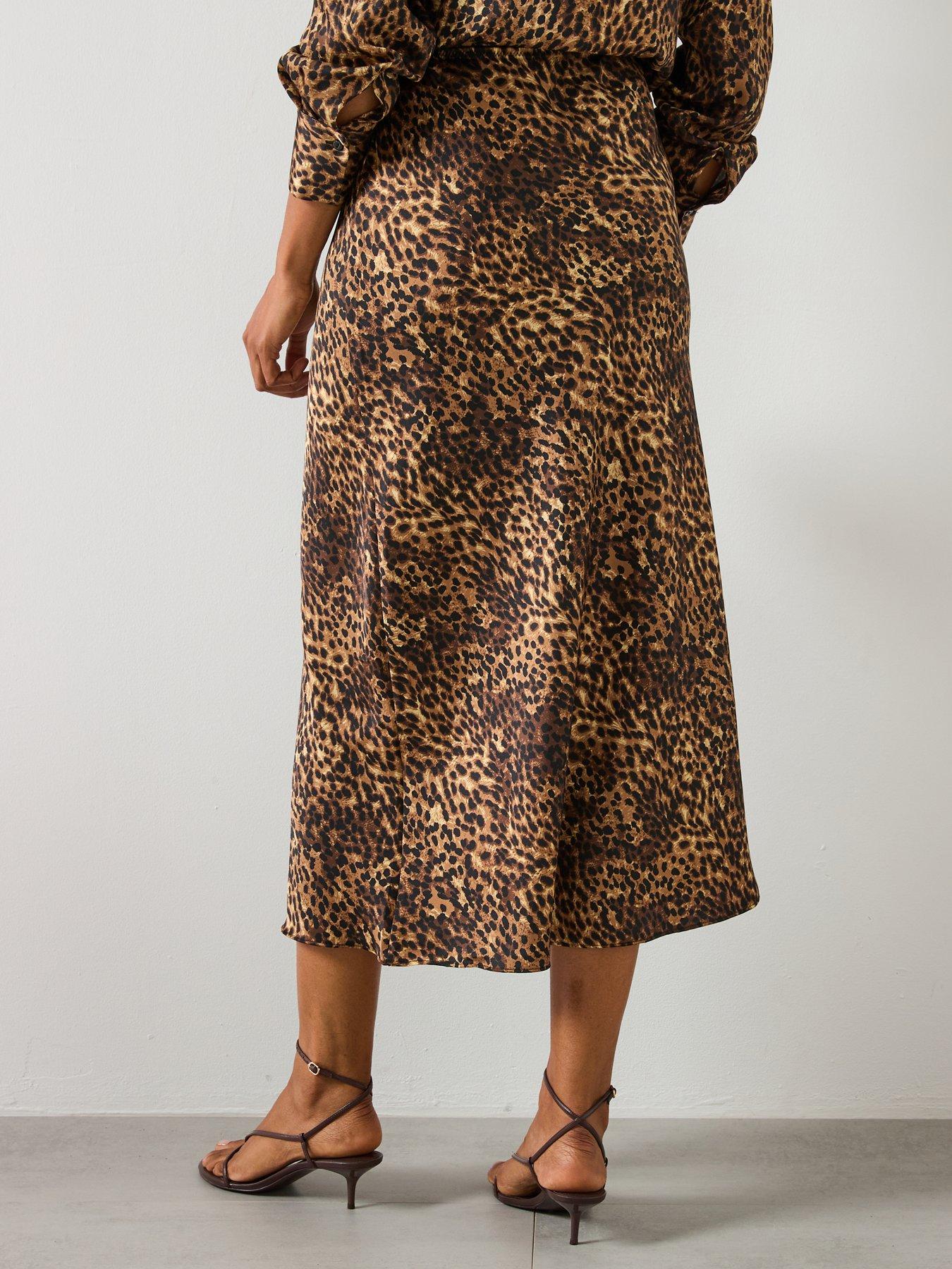 Image 2 of 6 of Mango Leopard Print Satin Midi Skirt - Brown