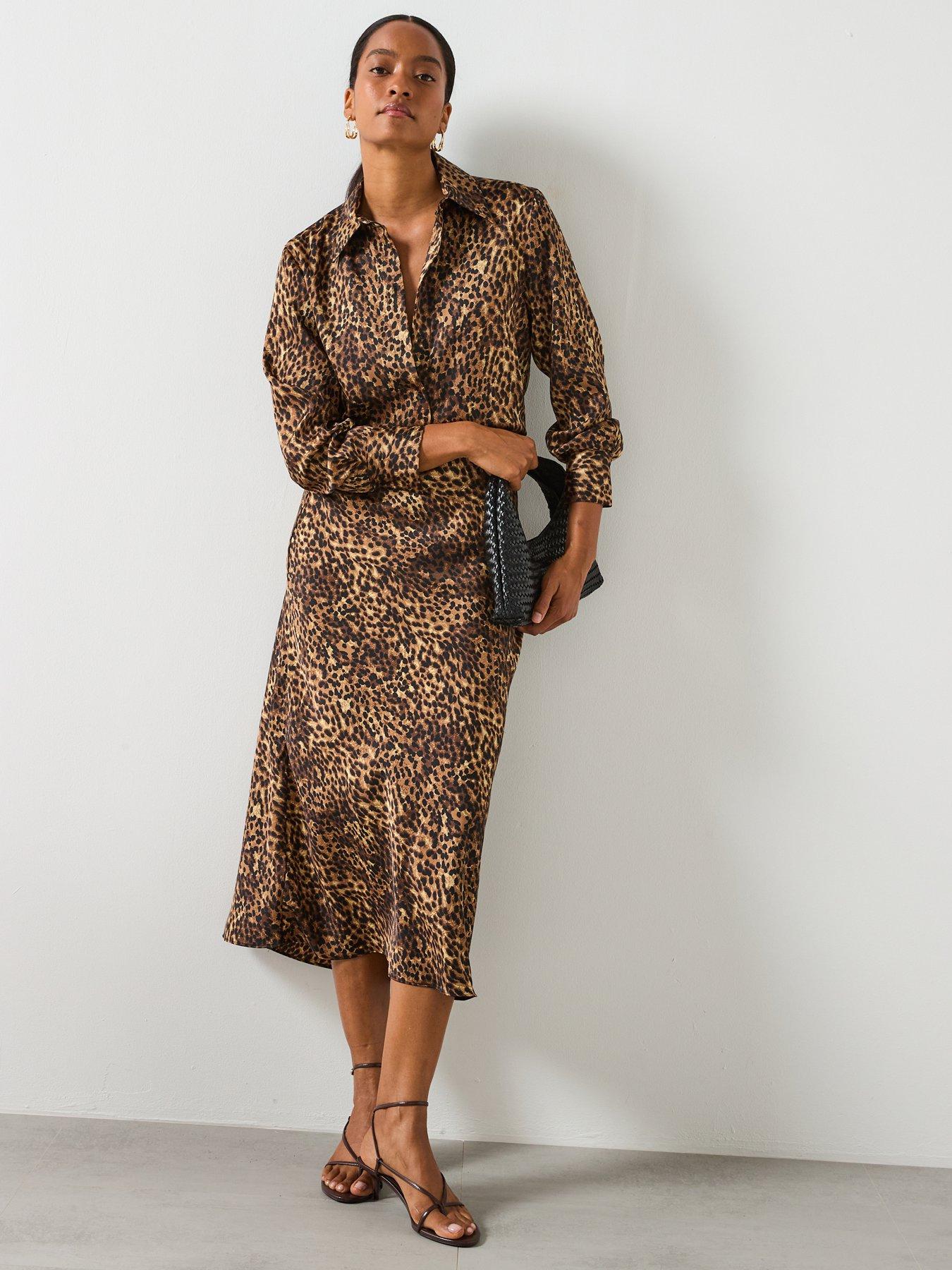 Image 3 of 6 of Mango Leopard Print Satin Midi Skirt - Brown