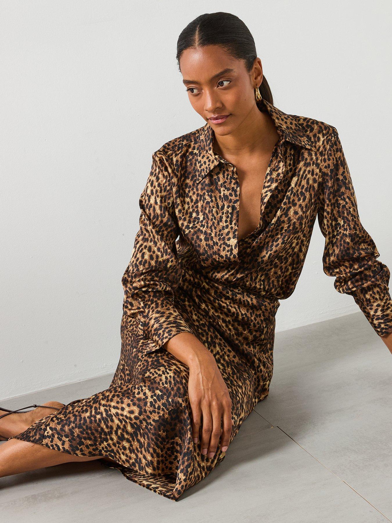 Image 4 of 6 of Mango Leopard Print Satin Midi Skirt - Brown