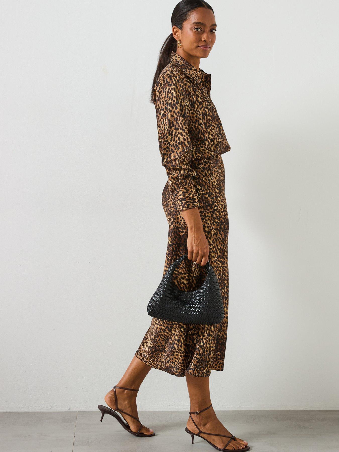 Image 5 of 6 of Mango Leopard Print Satin Midi Skirt - Brown