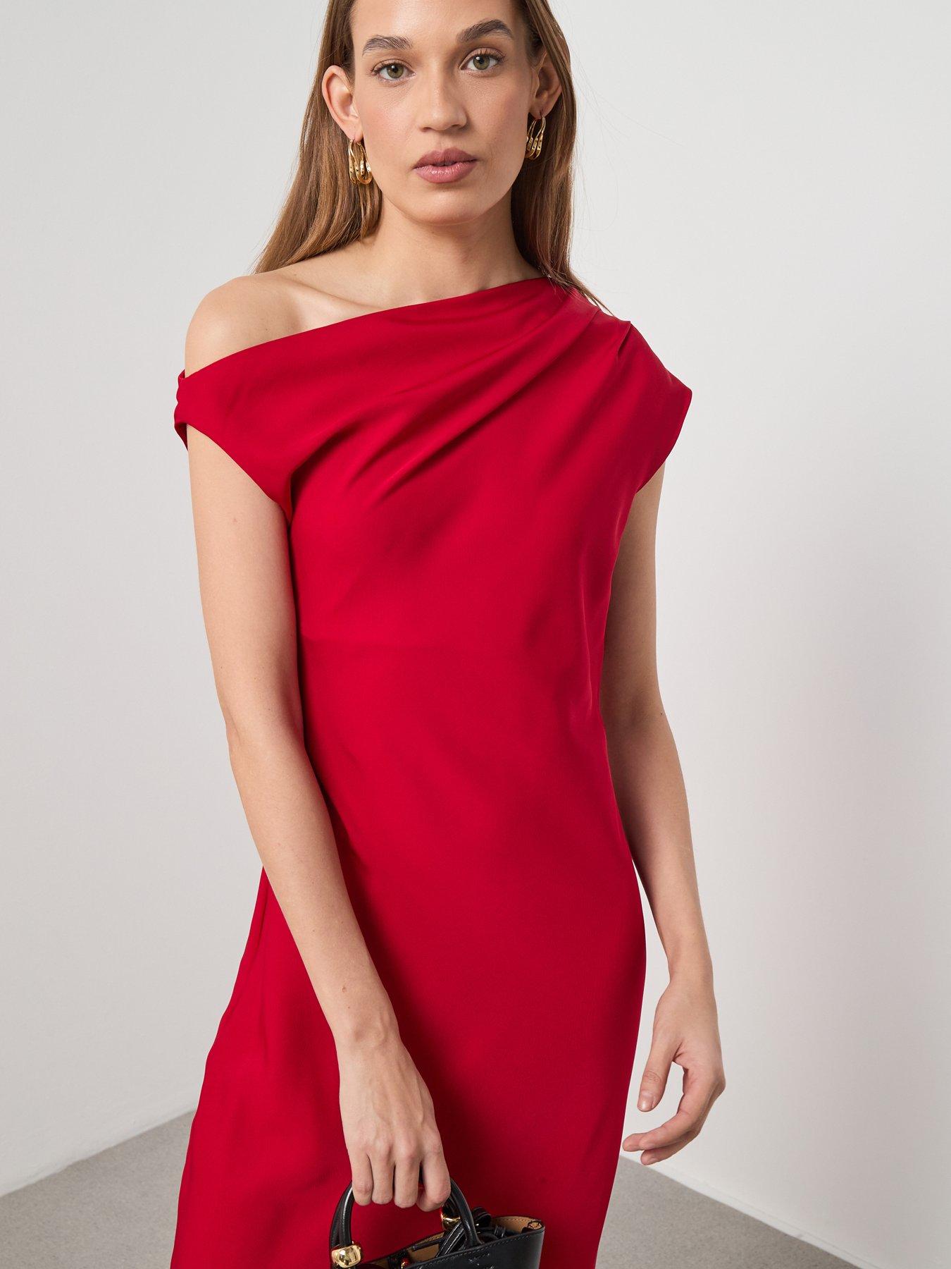 Mango A-Line Dress with Asymmetrical Neckline - Red | Very Ireland