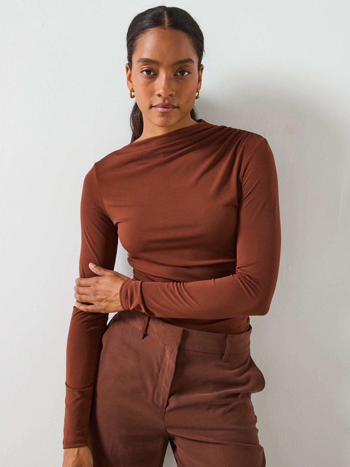 Image 1 of 6 of Mango Draped Fitted T-Shirt - Brown