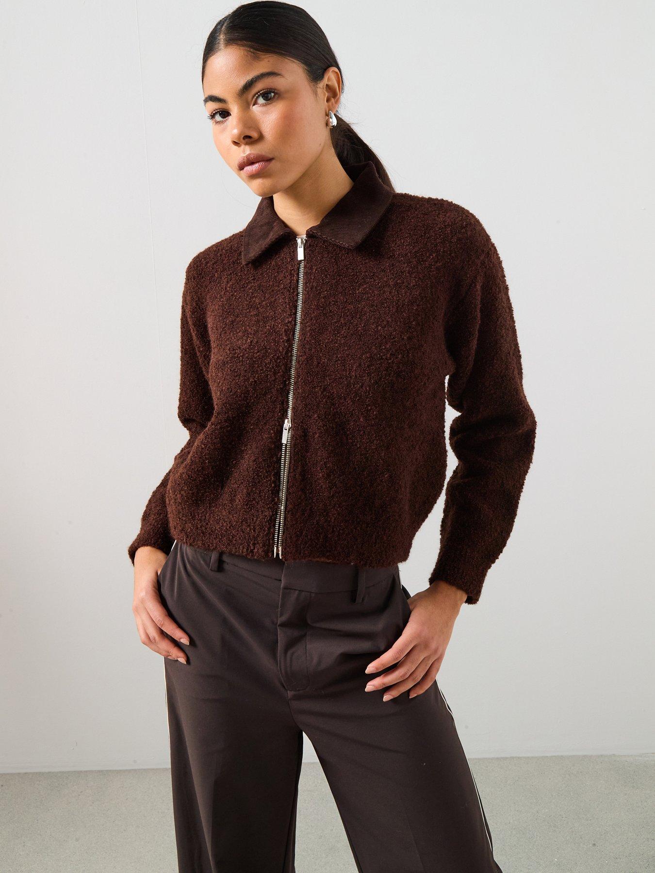 mango-zip-up-boucle-collared-cardigan-brownfront