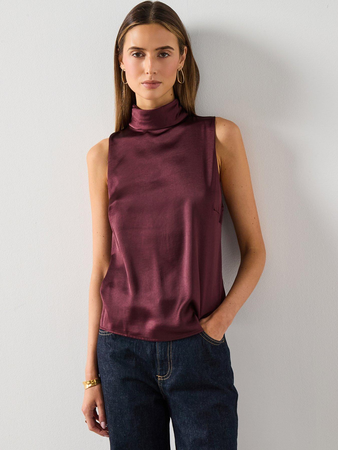 Mango High Neck Satin Blouse - Burgundy