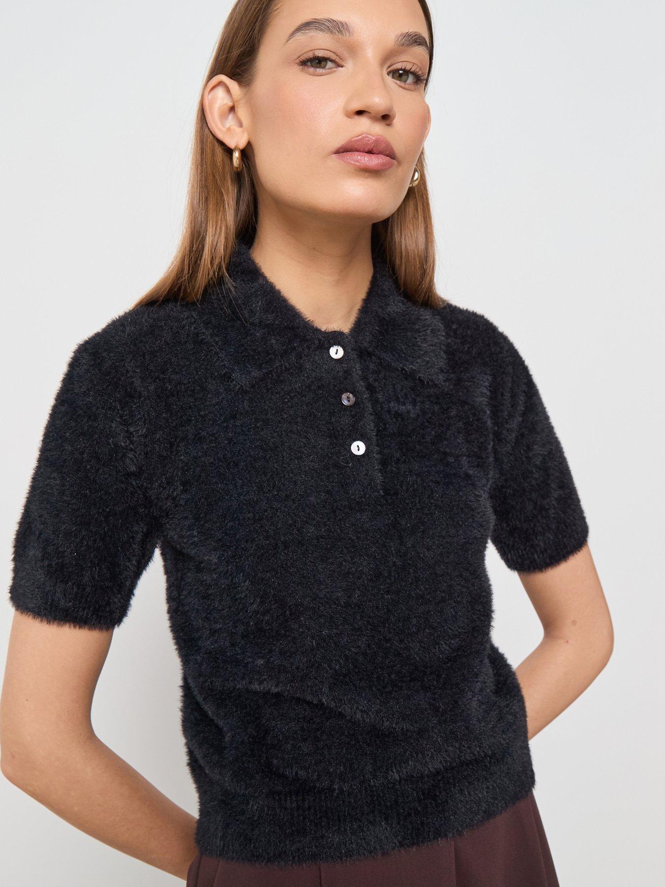 Mango Fluffy Knit Short Sleeve Collared Jumper