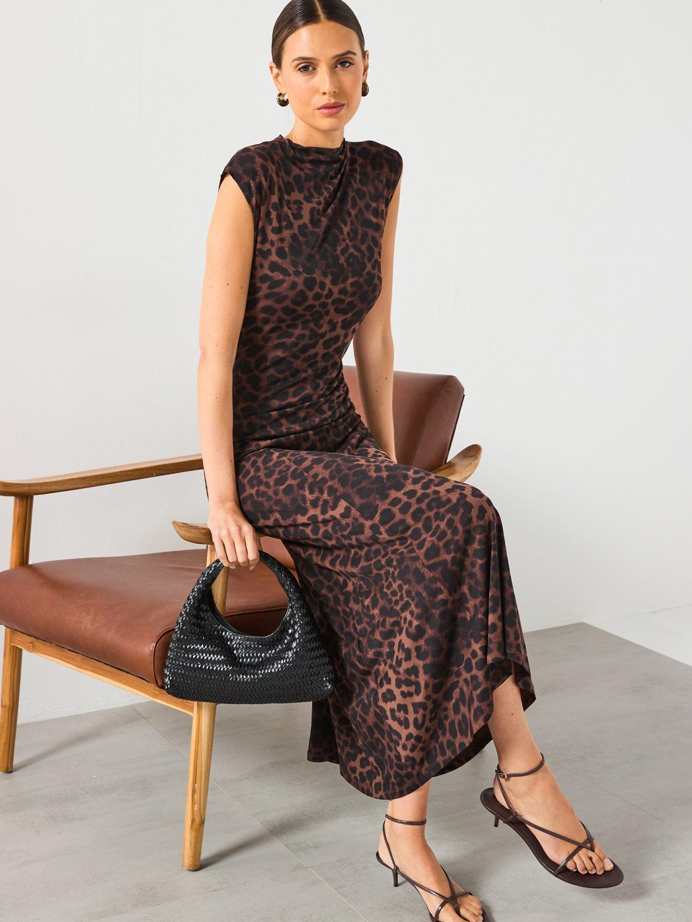 Image 1 of 6 of Mango Leopard Print Fitted Dress - Brown