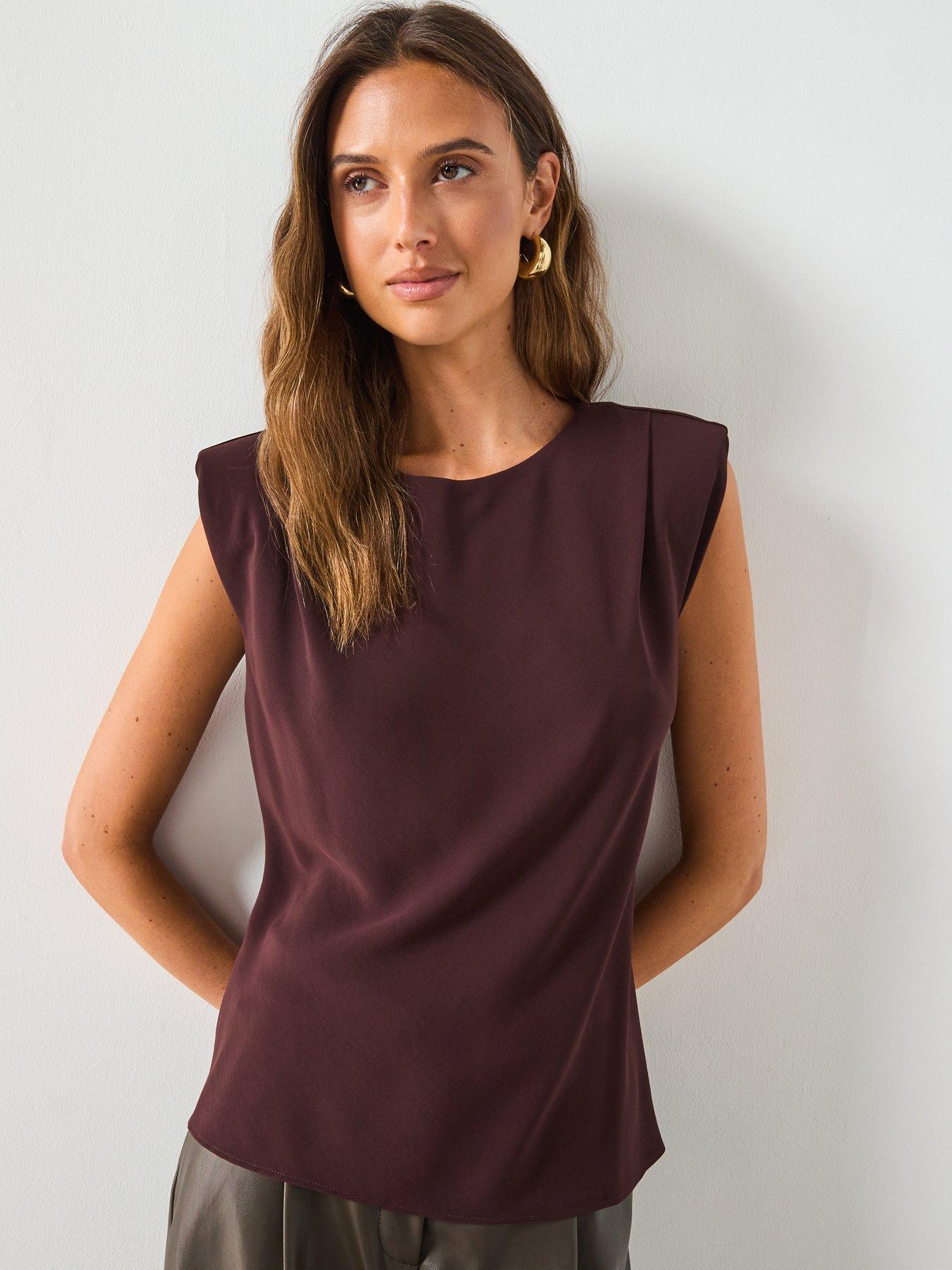 Mango Ruched Blouse with Shoulder Pads - Brown