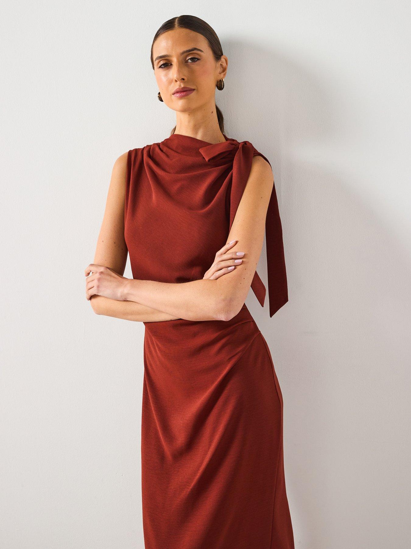 mango-ruched-dress-with-knot-detail-brown