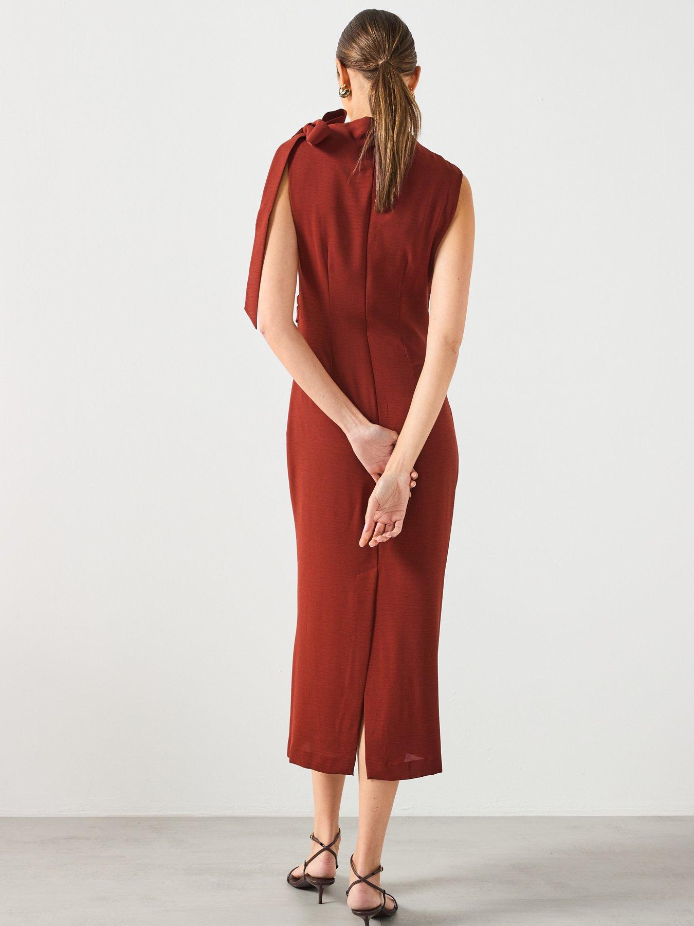 mango-ruched-dress-with-knot-detail-brownstillFront