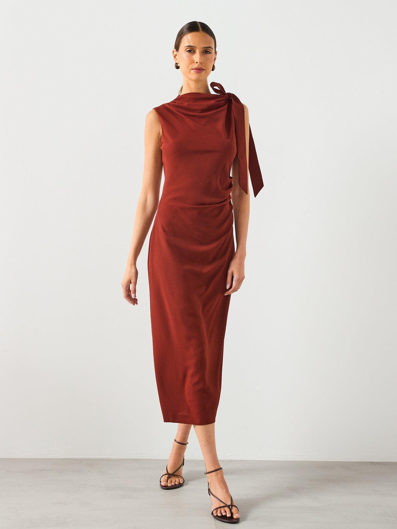 mango-ruched-dress-with-knot-detail-brownback