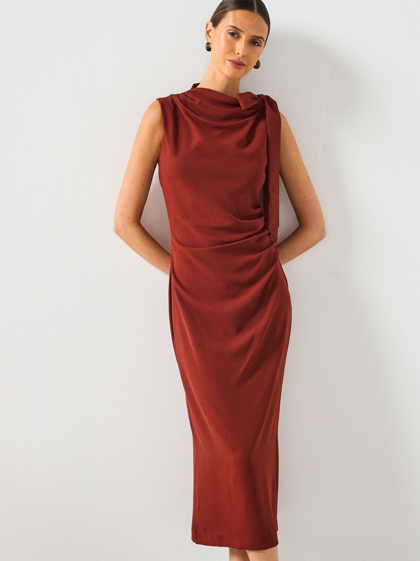 mango-ruched-dress-with-knot-detail-browndetail