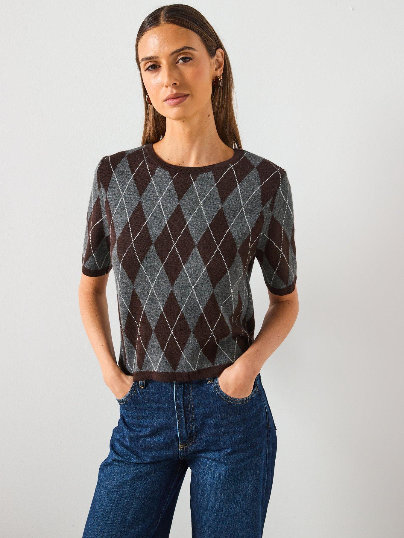 mango-short-sleeved-argyle-sweater-grey