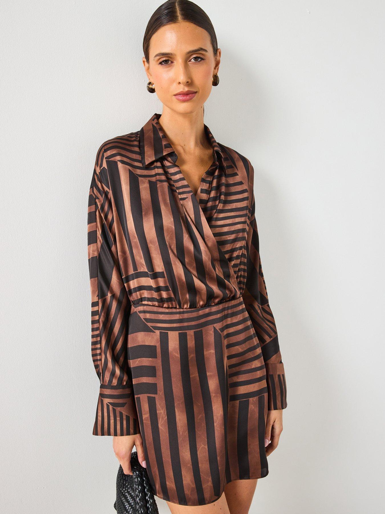Mango Striped Satin Dress - Brown