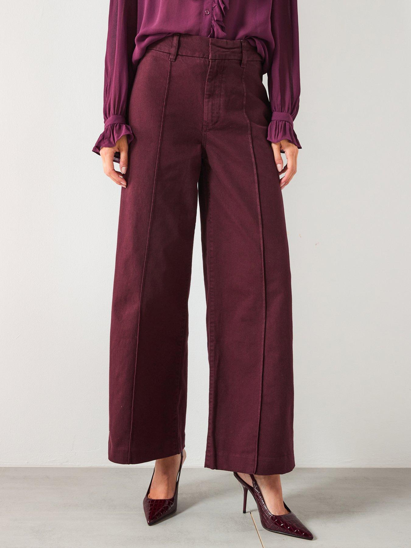 Mango Paloma High Waisted Wide Leg Jeans With Stitching - Dark Red