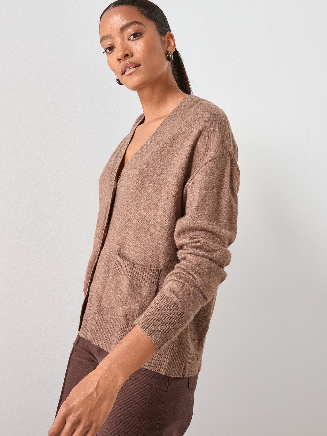 mango-v-neck-cardigan-with-pockets-brownoutfit