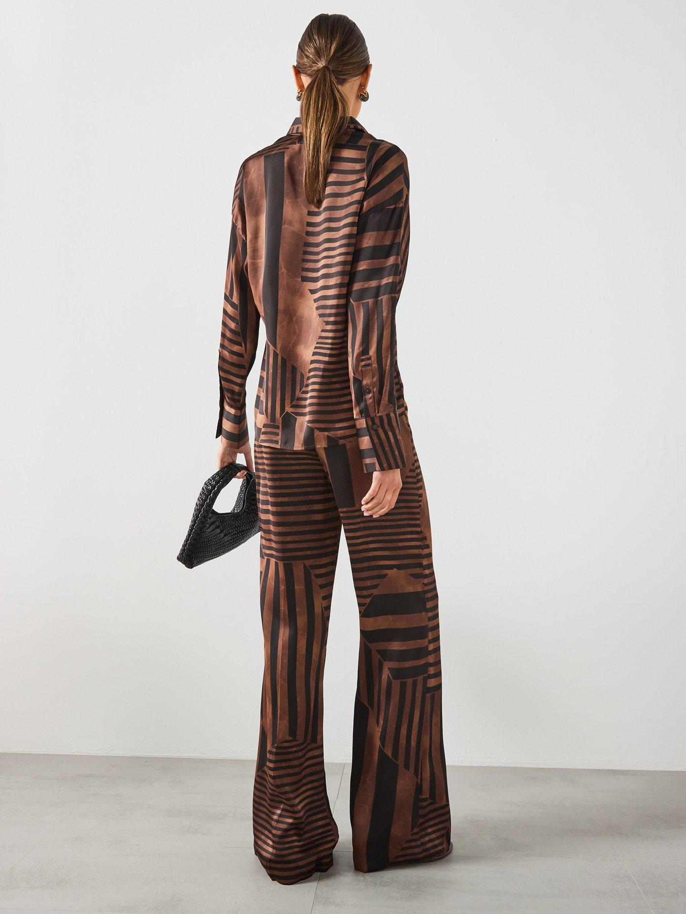 Image 3 of 6 of Mango Satin Striped Trousers - Brown