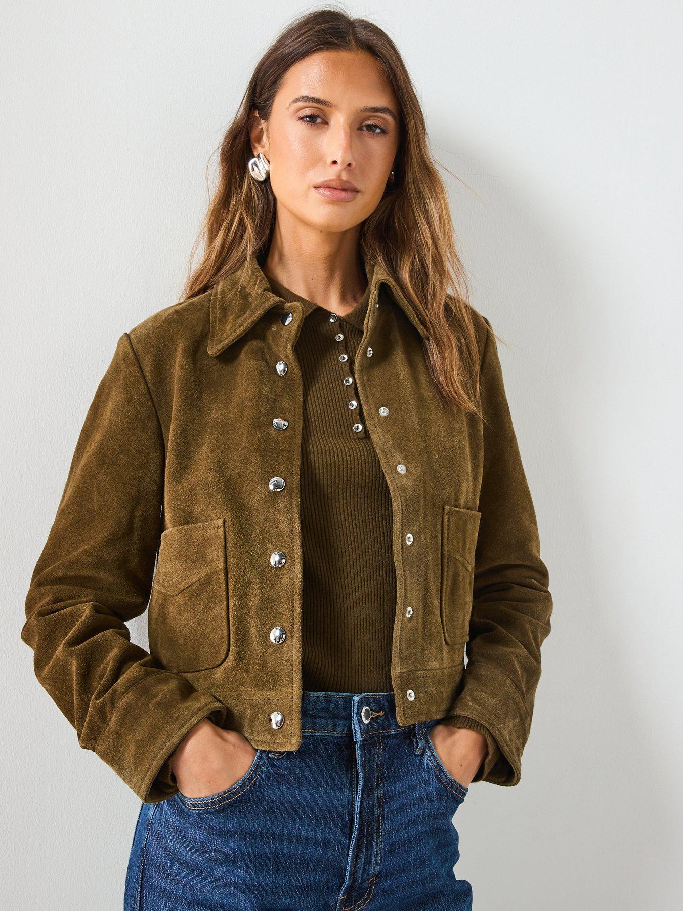 Mango Suede Leather Jacket With Buttons - Khaki