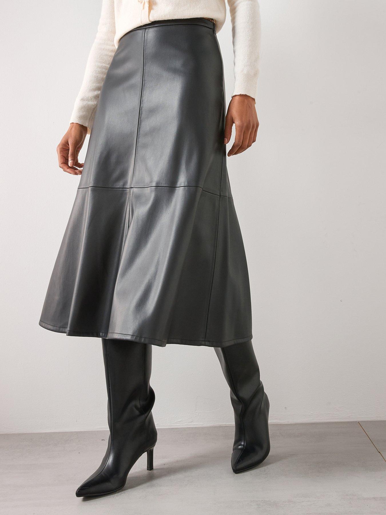 Image 1 of 5 of Mango Leather Effect Midi Skirt - Black