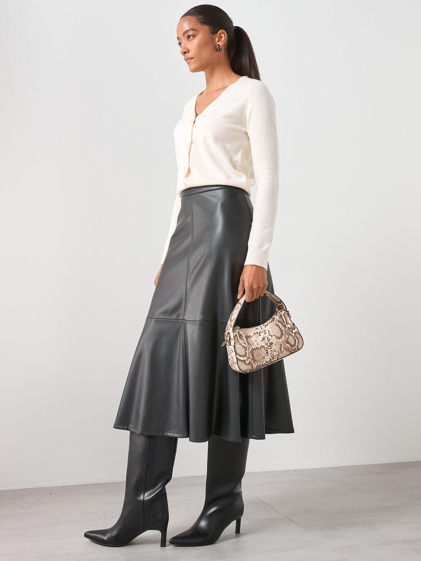 Image 3 of 5 of Mango Leather Effect Midi Skirt - Black