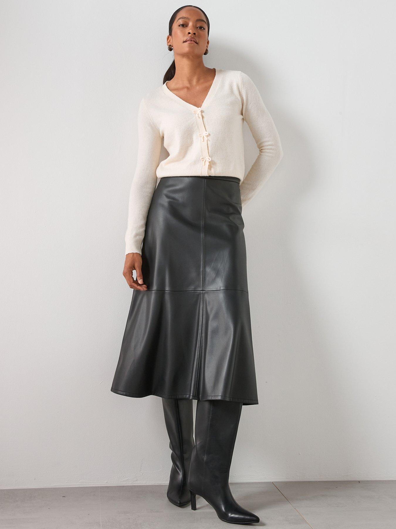 Image 4 of 5 of Mango Leather Effect Midi Skirt - Black