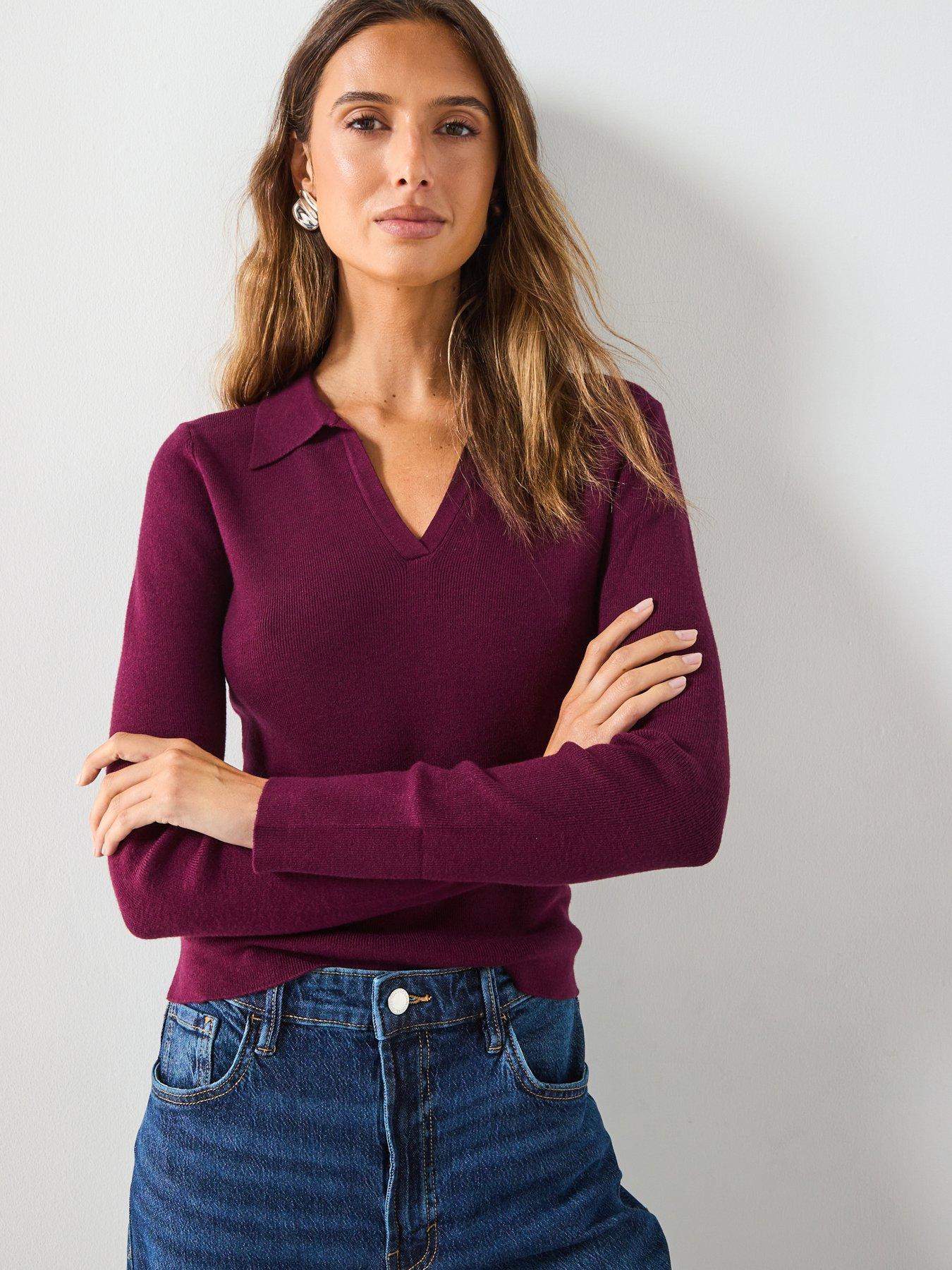 Image 1 of 6 of Mango Long Sleeved Polo Collar Sweater - Purple
