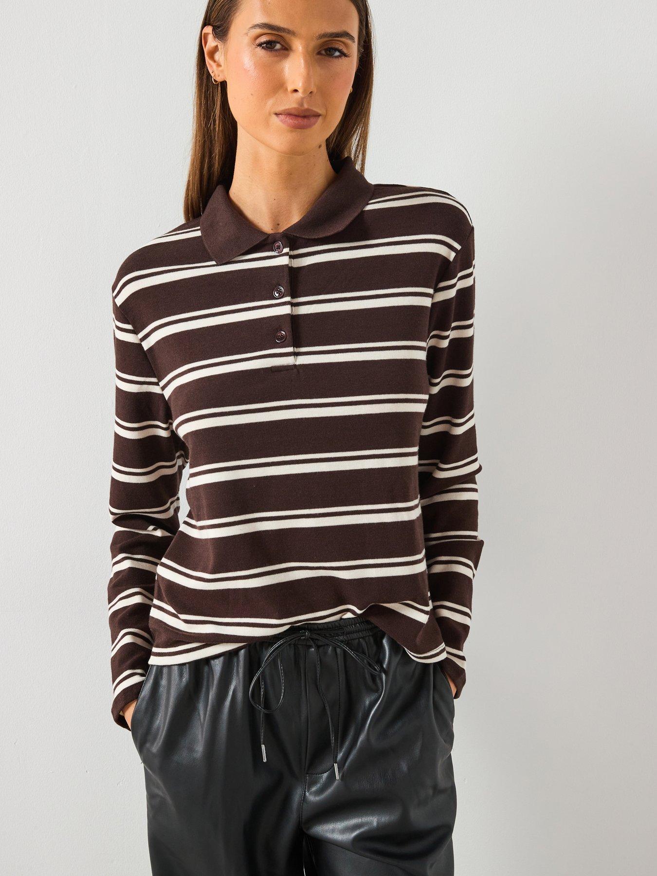 Mango Striped Polo Neck T-Shirt - Brown