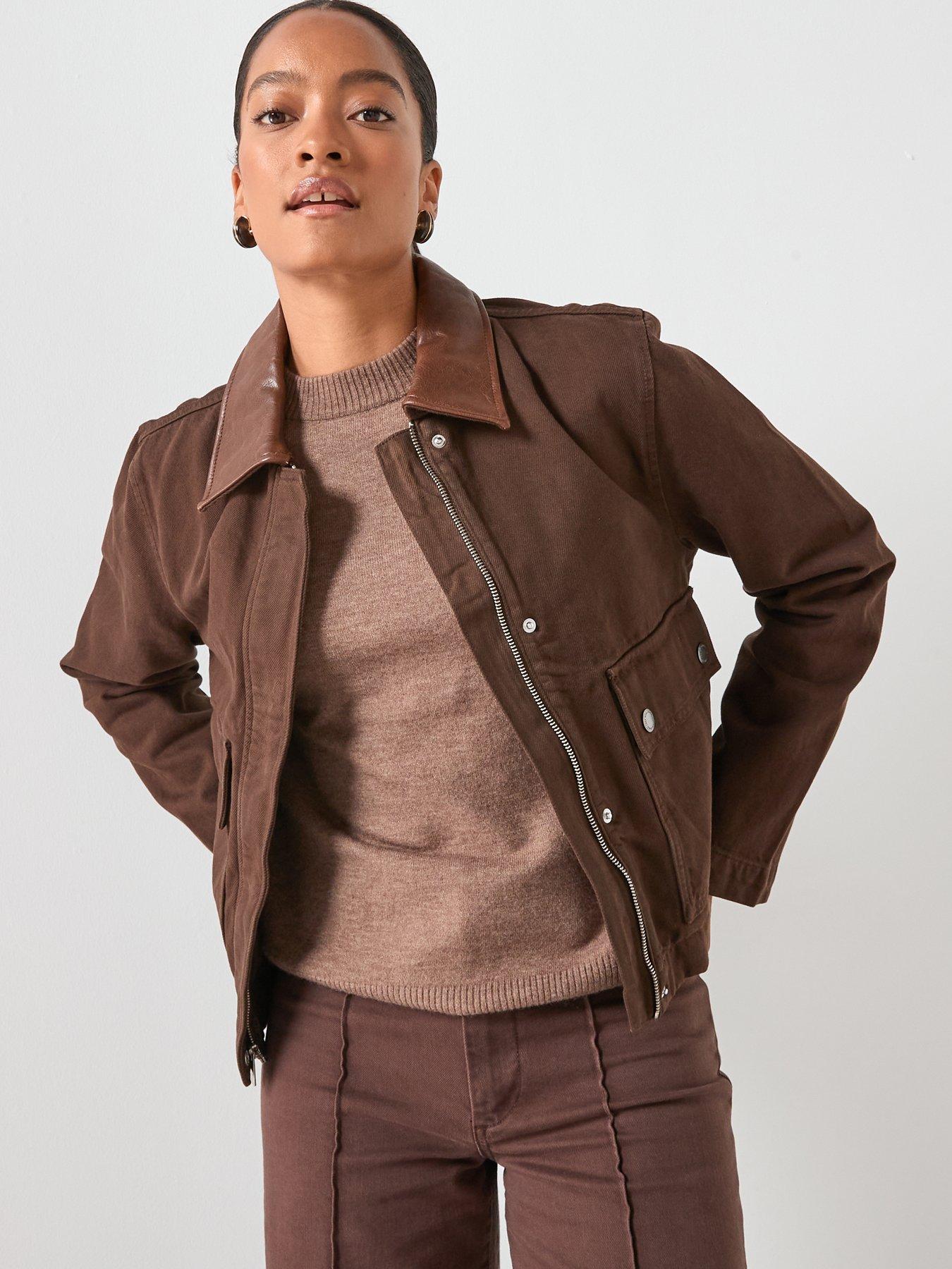 mango-denim-parka-with-leather-effect-collar-brown