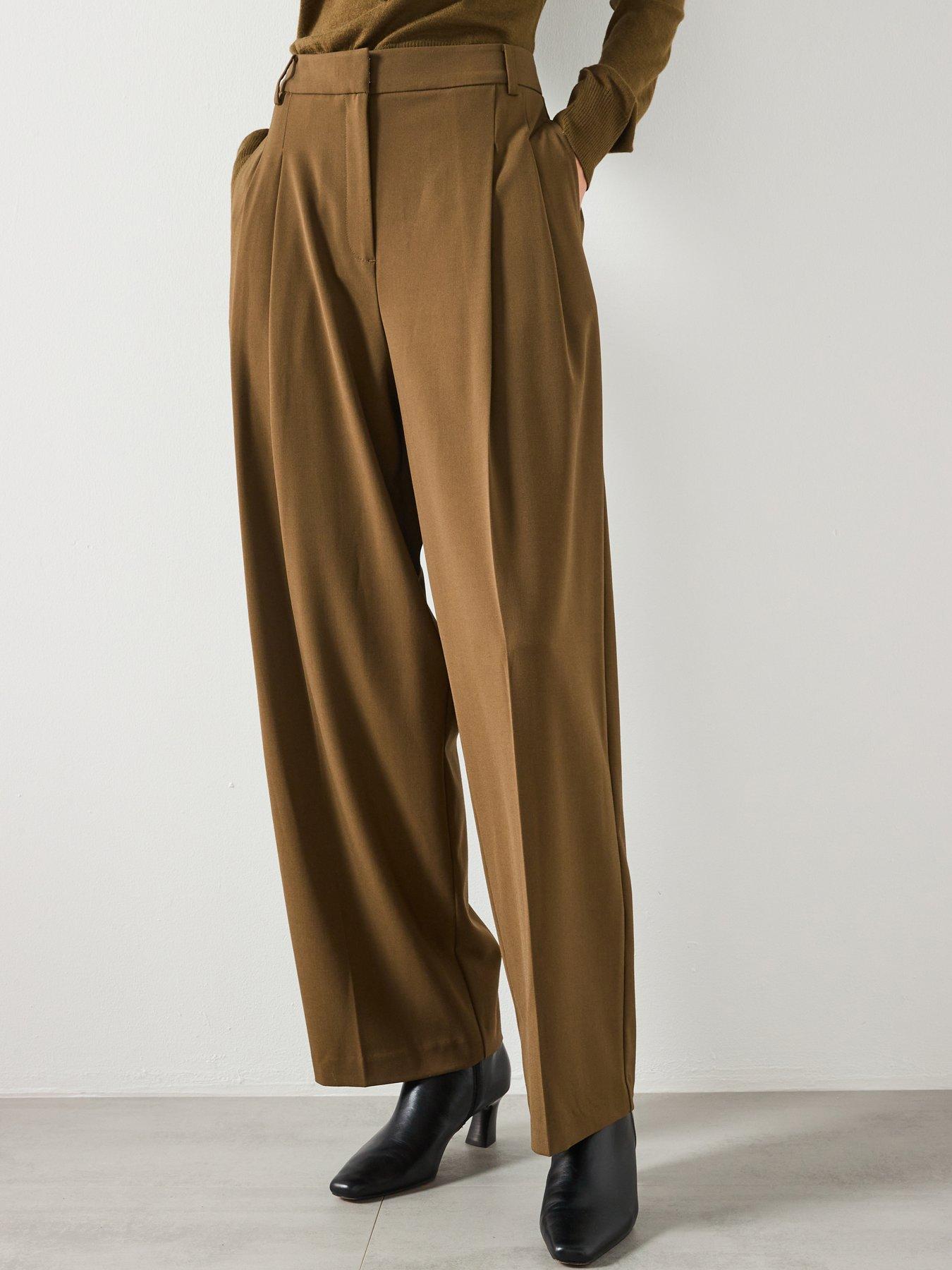 Mango Wide Leg Pleated Trousers, Mid Rise - Khaki