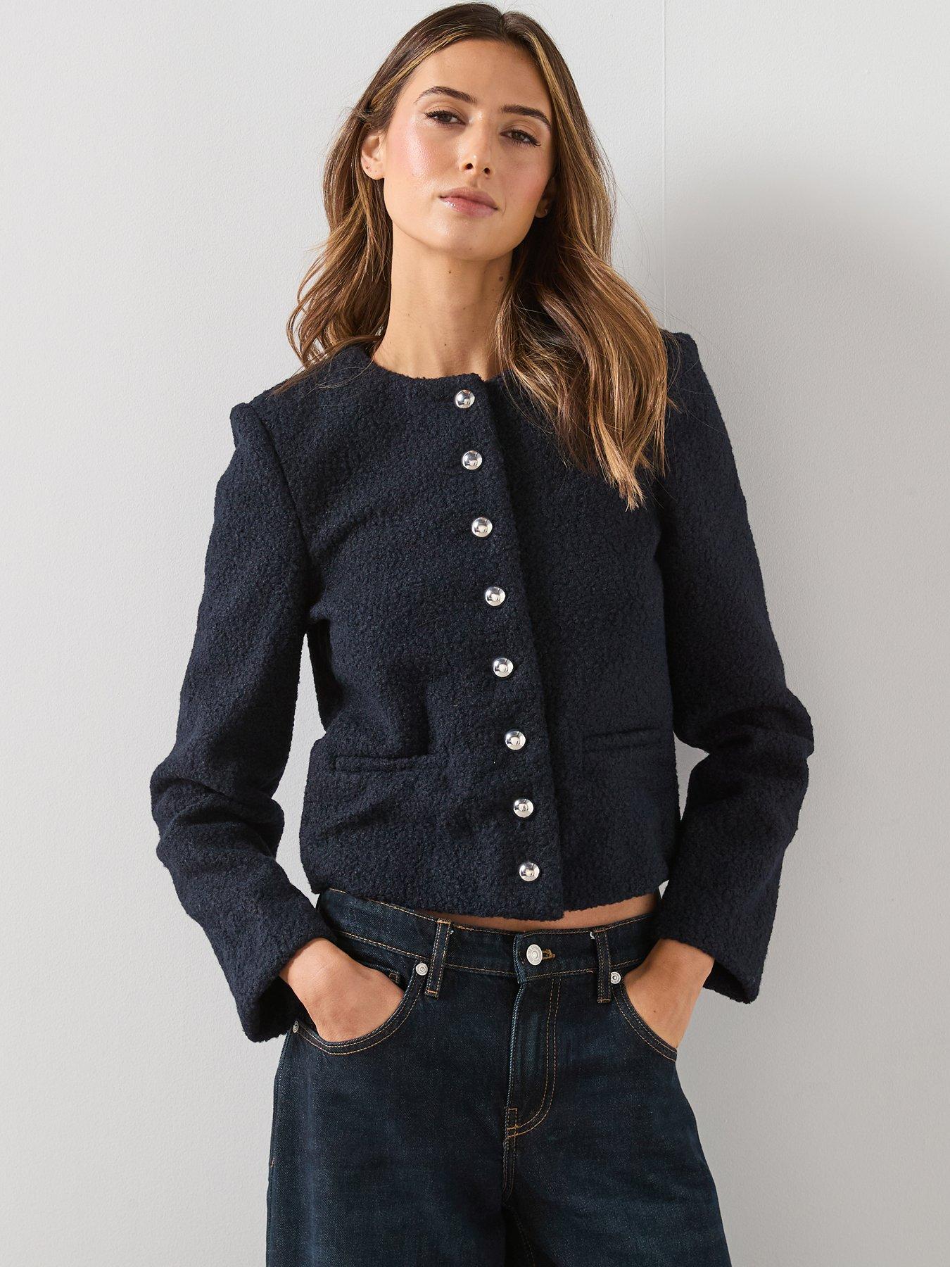 Mango Boucle Silver Button Jacket - Navy