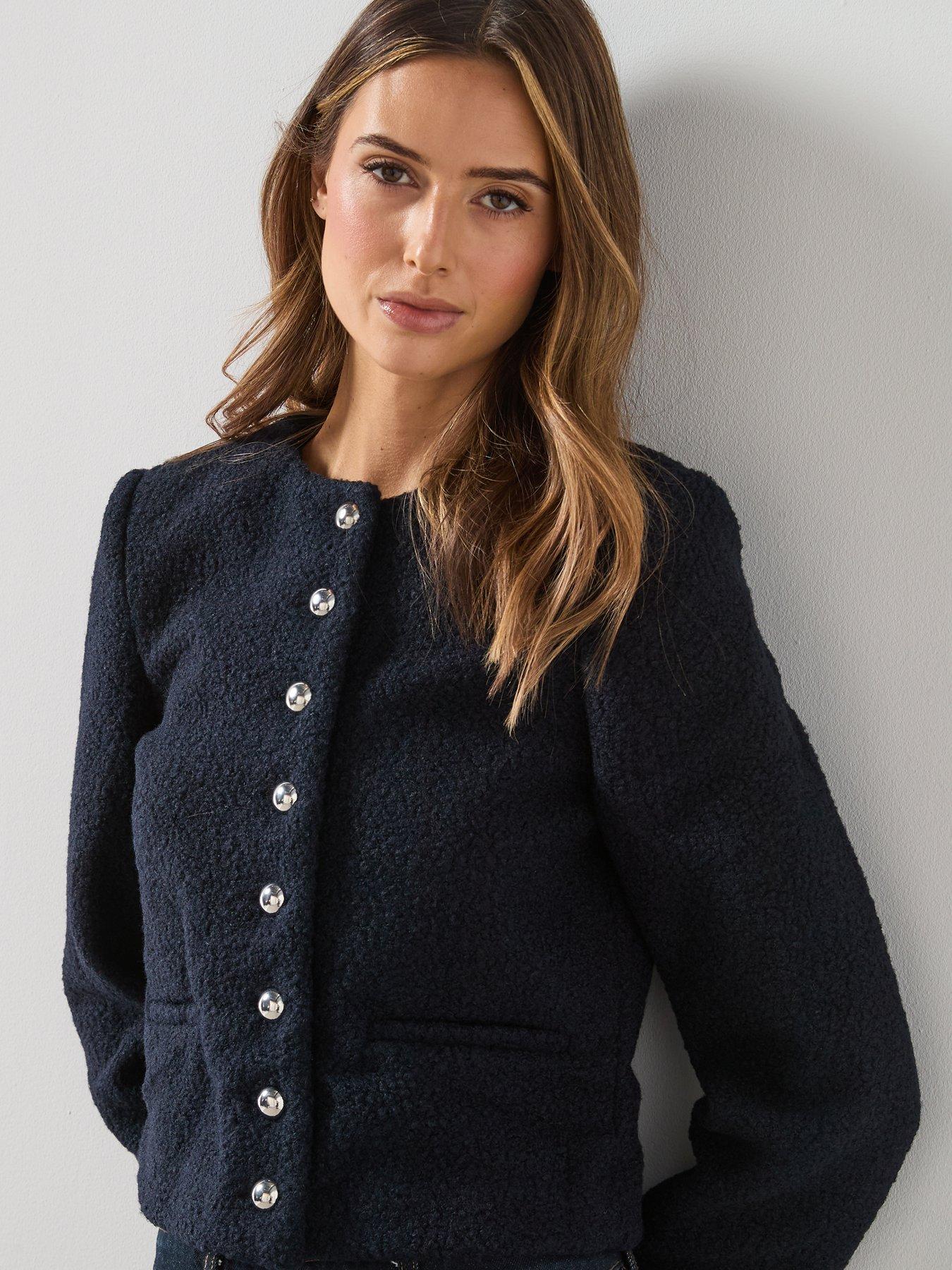 Image 4 of 6 of Mango Boucle Silver Button Jacket - Navy