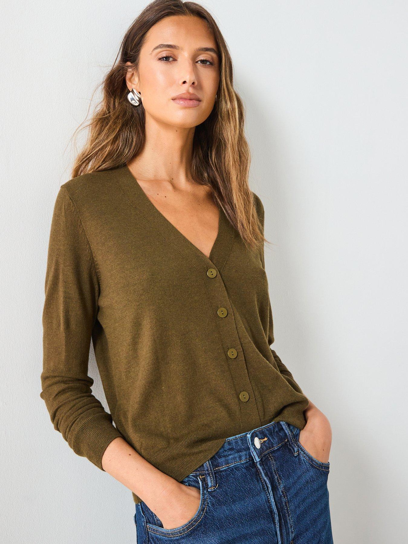 Mango V-Neck Knitted Cardigan - Khaki