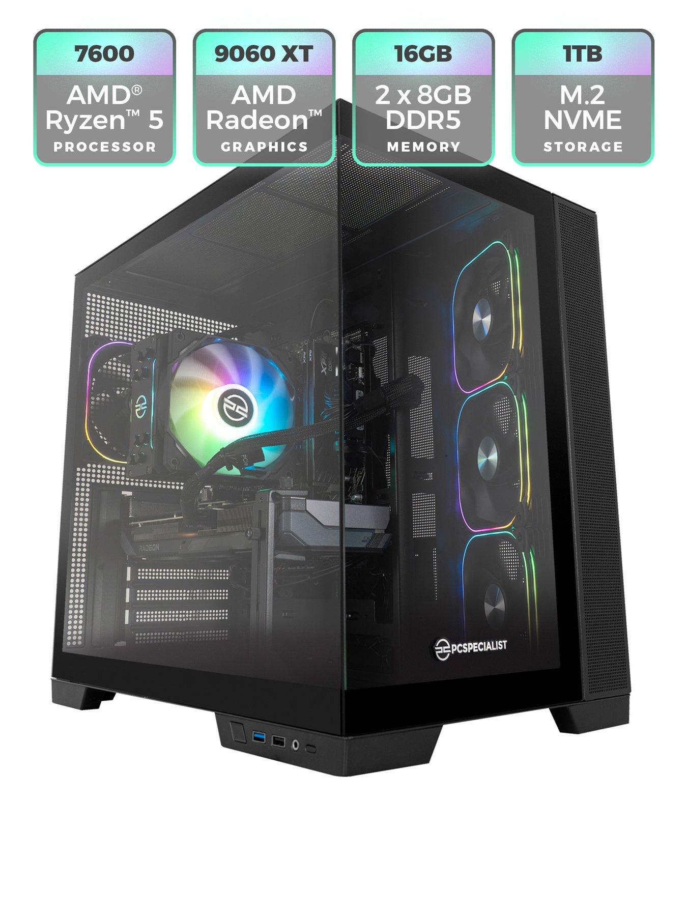 pcspecialist-fusion-34-gaming-desktop-amd-radeon-rx-9060-xt-amd-ryzen-5-16gb-ram-1tb-ssdstillFront