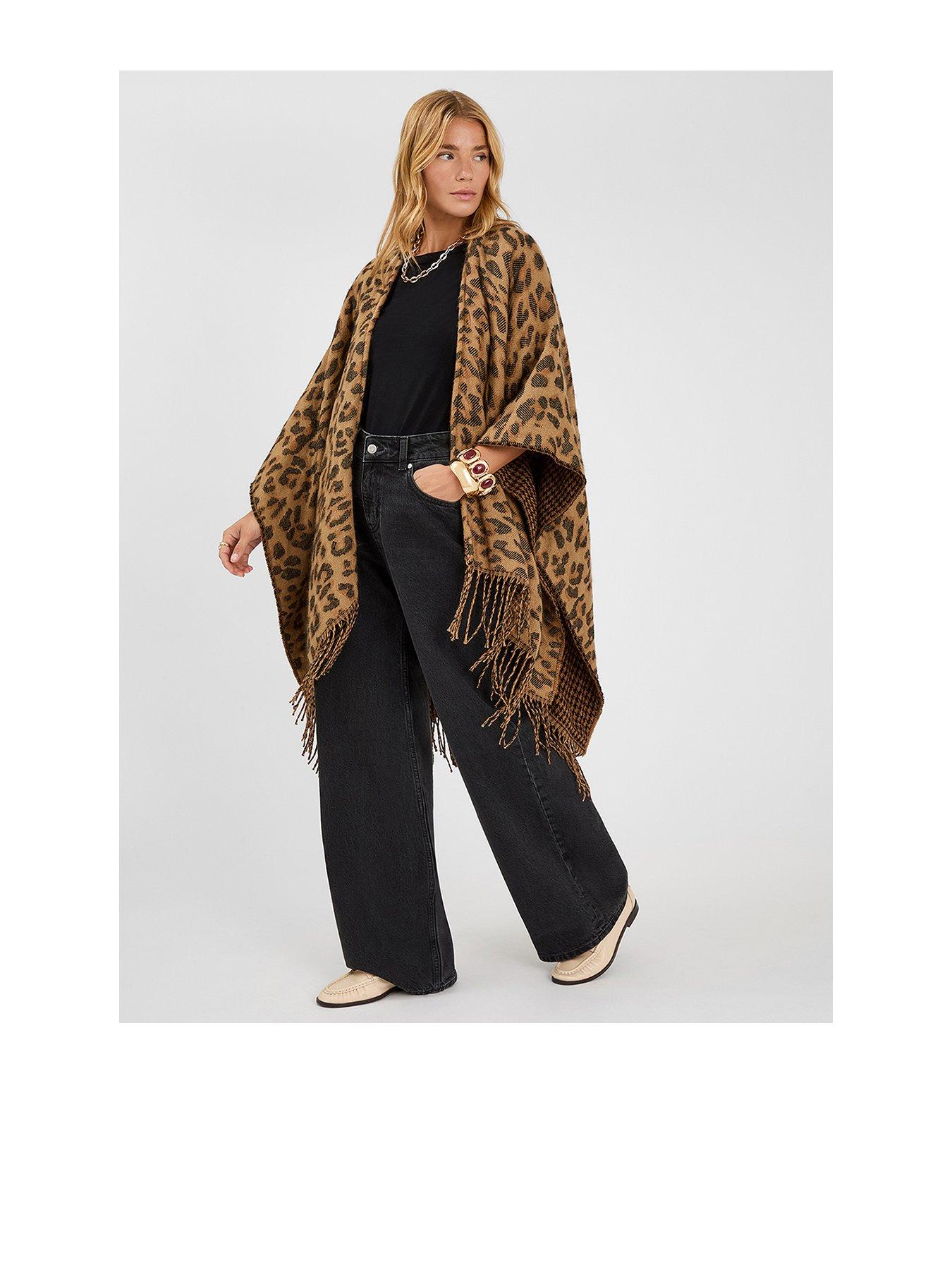 Image 1 of 4 of Accessorize Leopard Print Poncho - Brown
