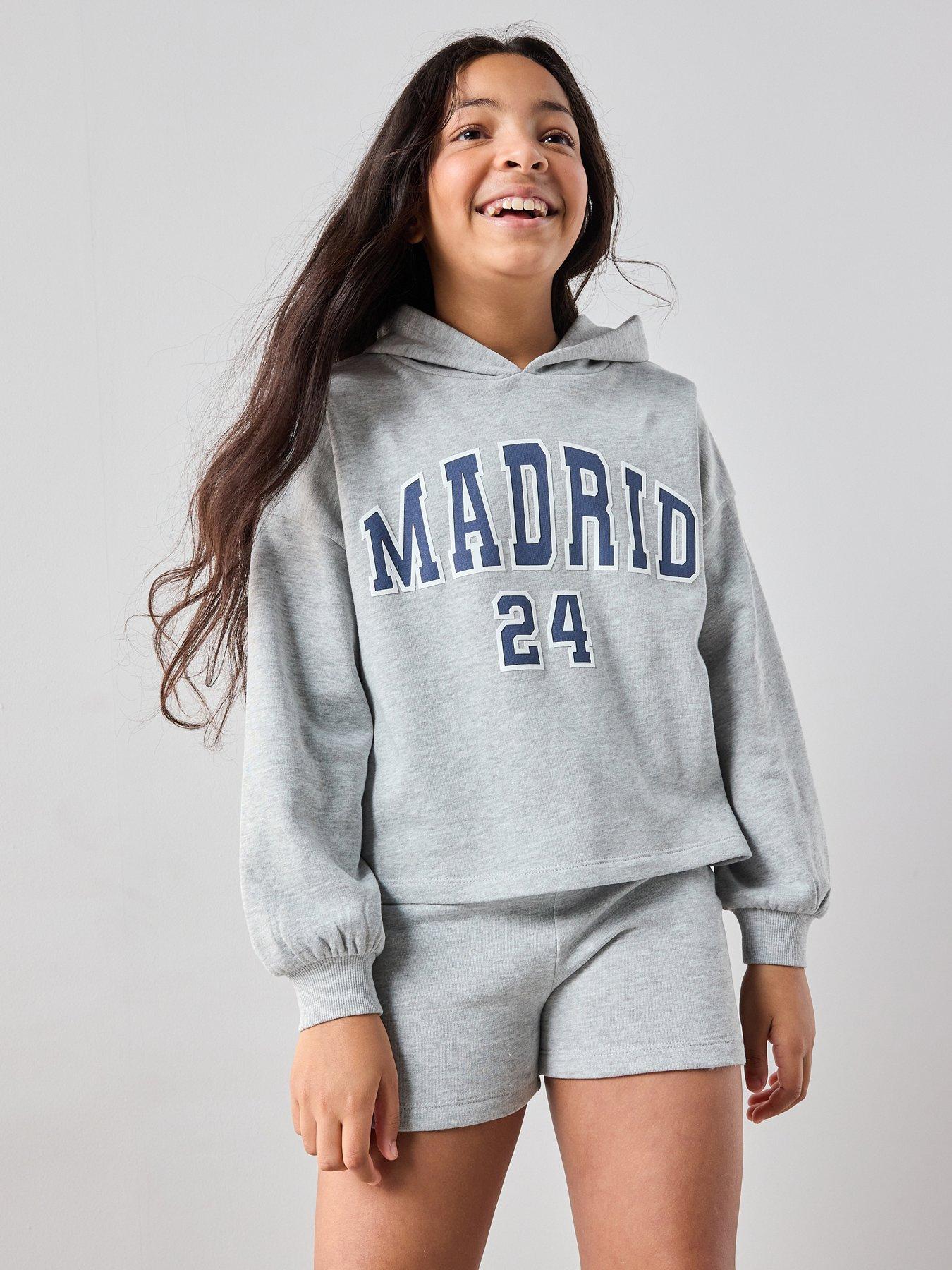 The Very Collection Girls Sweat Hoodie And Shorts Madrid Slogan Set - Grey